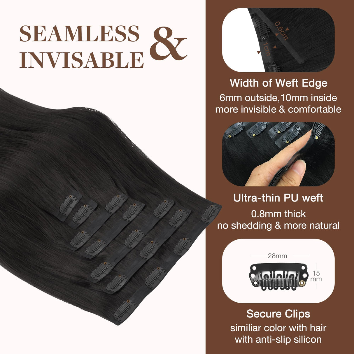 GOO GOO Clip in Hair Extensions Real Human Hair, Remy Human Hair Extensions Clip ins for Women, Natural Human Hair, 18inch 130g 7Pcs, 1B Natural black