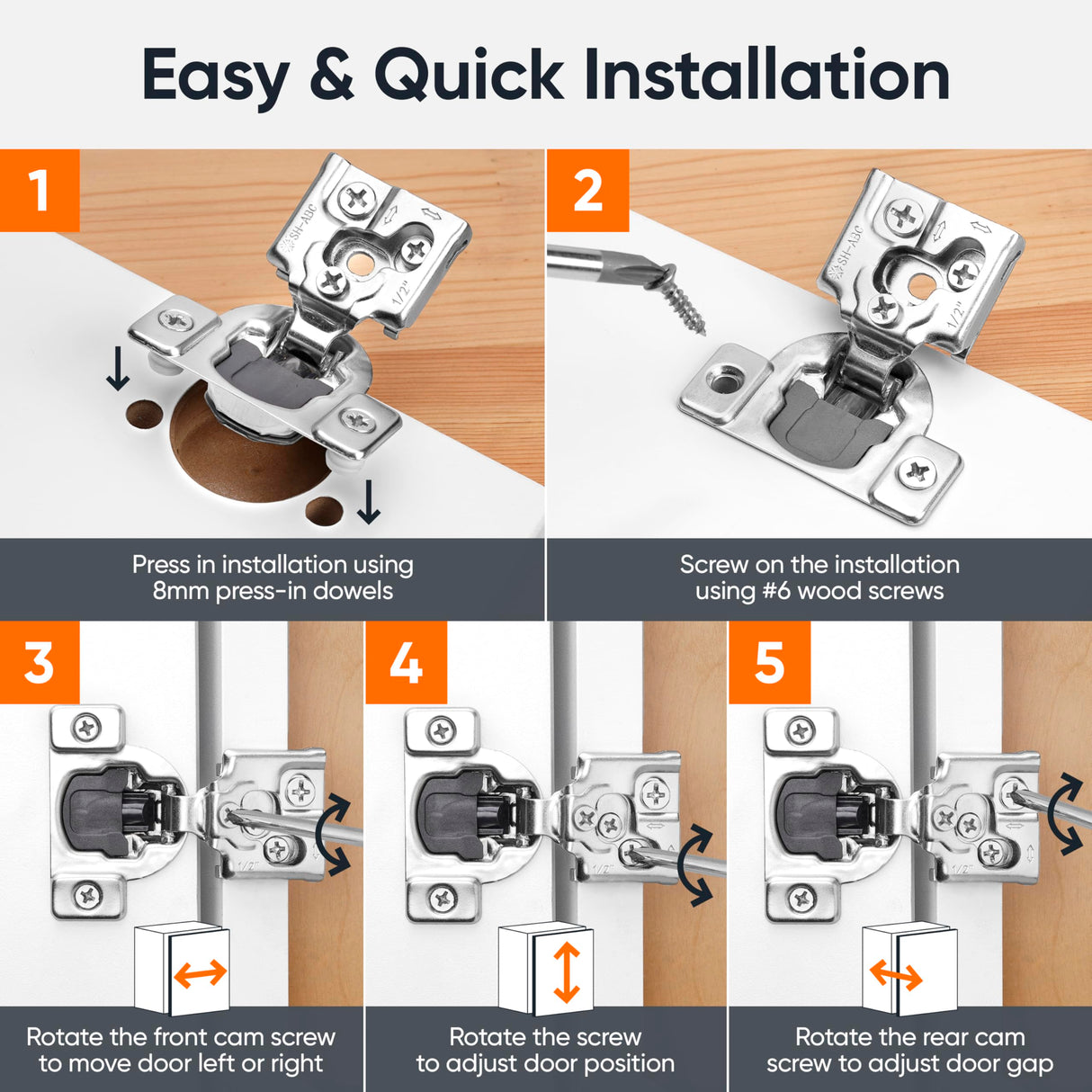 Decobasics 50 Pack Soft Close Cabinet Hinges – 1/2" Overlay for Kitchen Cabinet Doors, Slow Self-Closing Concealed Hidden Hinges for Face Frame –Stainless Steel, 3-Way Adjustable & Quiet Close Damper