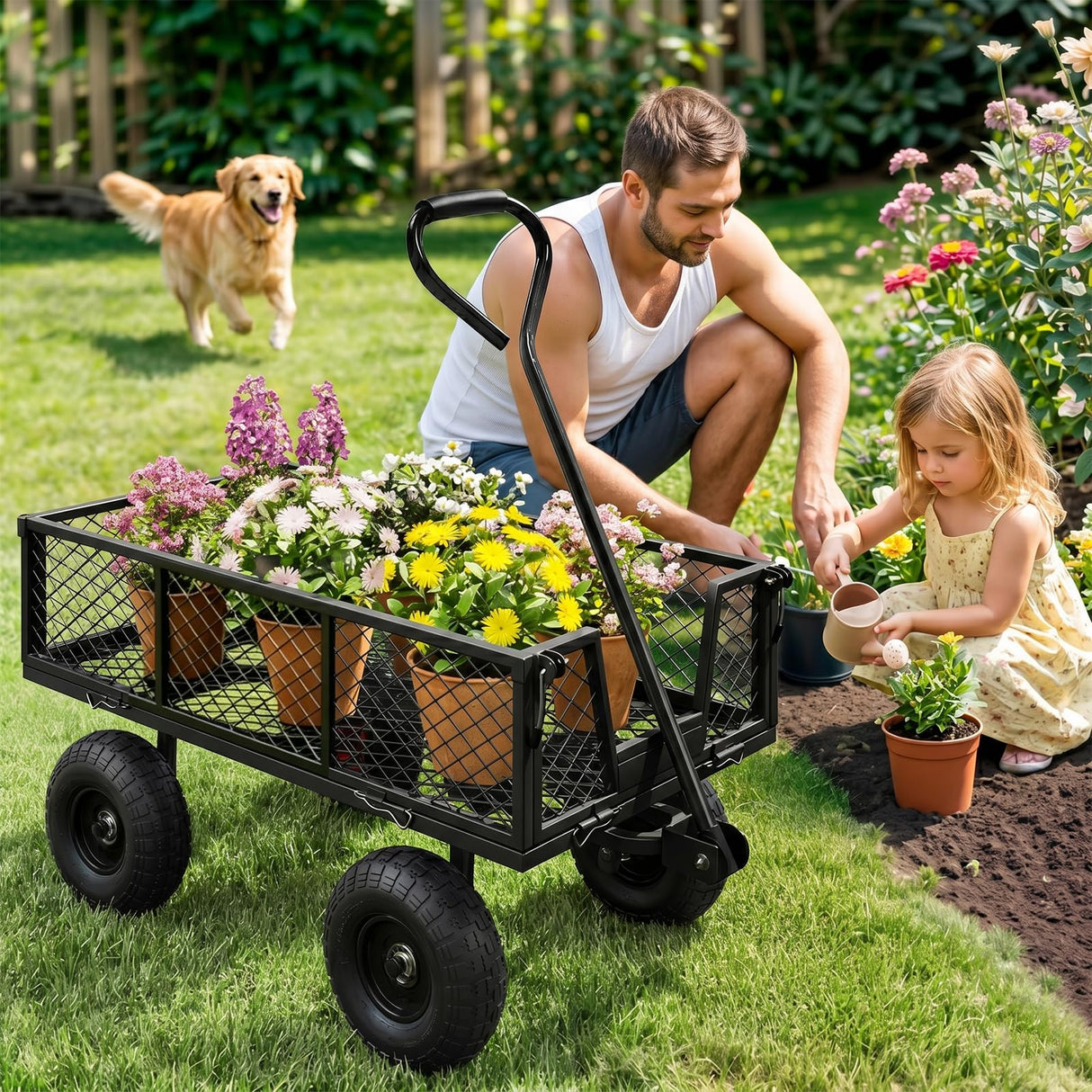 HEAHOLD Heavy Duty Garden Wagon Cart – 880 LBS Steel Utility Cart with All-Terrain 3.50-4" Solid Wheels, 10" Tires, 180° Rotating Handle, Removable Sides, Laser-Welded Frame
