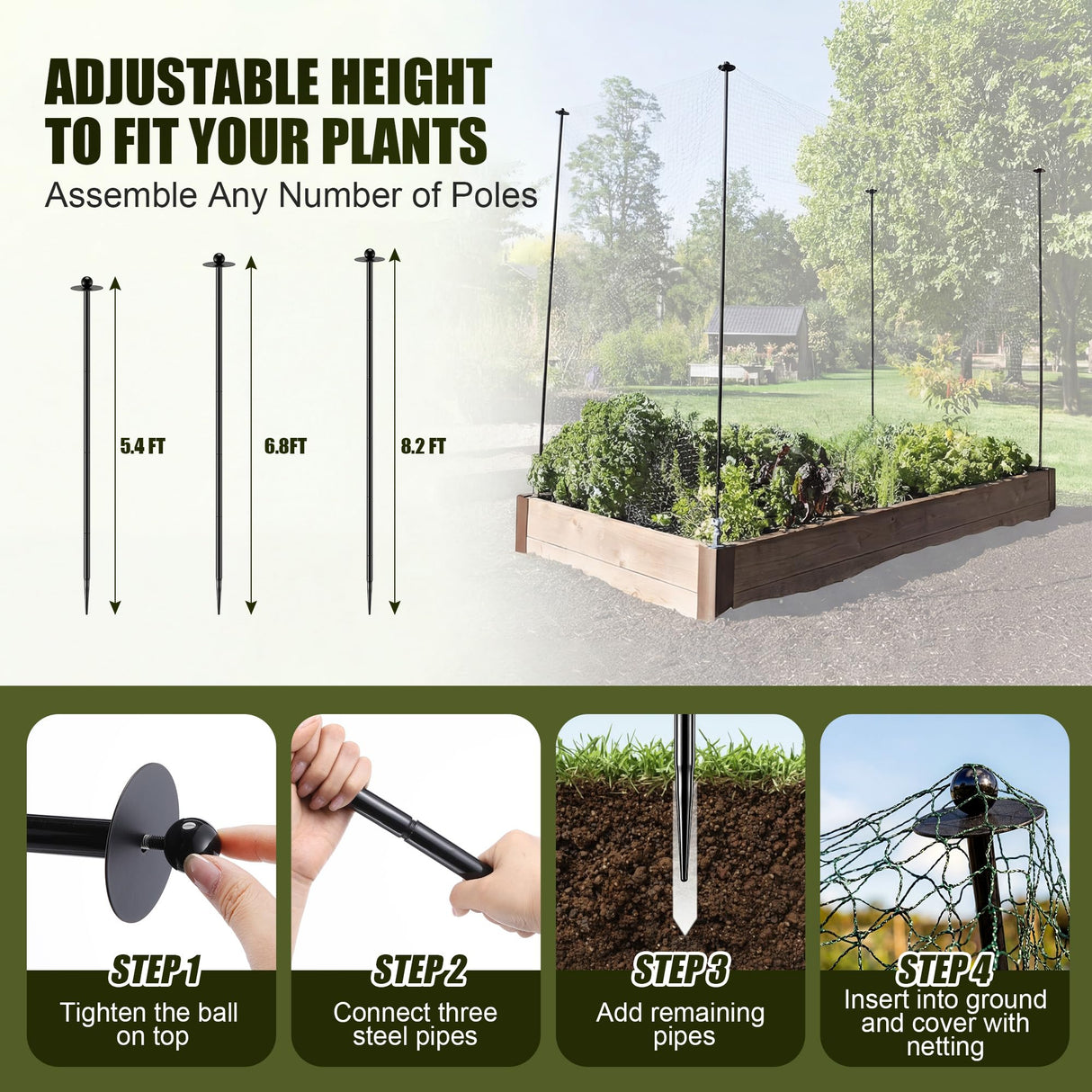 Garden Stakes for Netting, Heavy Duty Metal Garden Poles for Netting Support, Black Powder Coated Steel Frame for Fencing, Plant & Crop Protection(4 Pack,6.8 ft)