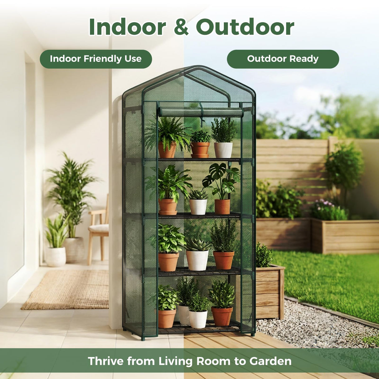 NEWBULIG Mini Greenhouse with Durable PE Cover Roll-up Zipper Door 4 Tier, 27"x19"x63" Small Greenhouse for Outdoors Indoor Balcony, Porch, Garden, Patio, Backyard Green Houses, Green