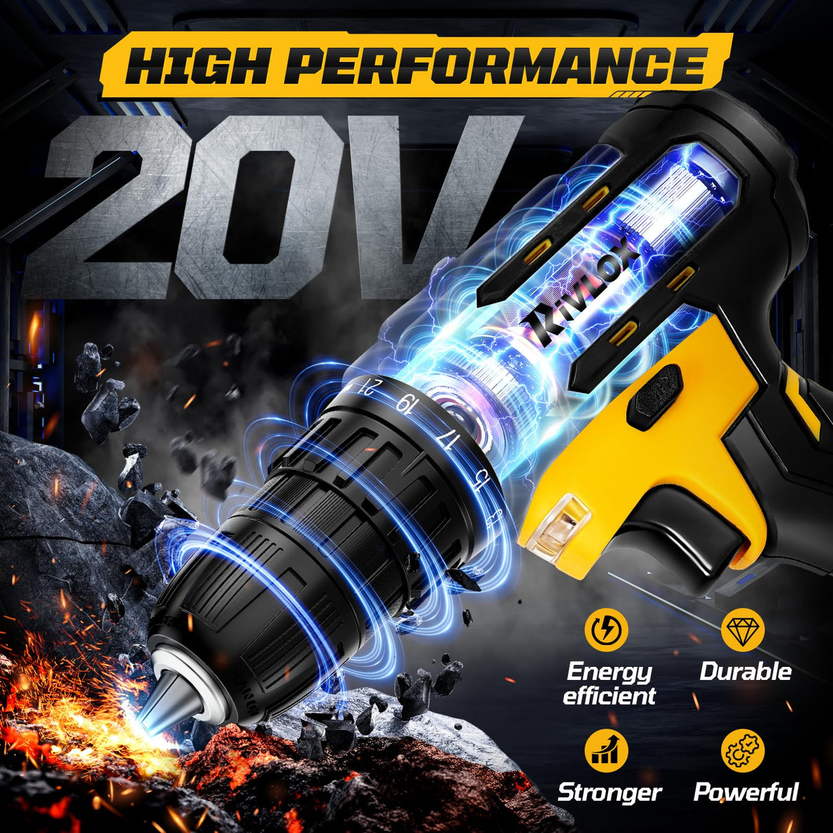 20V Cordless Drill Set,Electric Power Drill Cordless,Power Drill Drivers,Electric Screwdriver - 2.0Ah Batteries, 30Nm,21+1 Torque,2 Speed, Built-in LED,Kit for Home, Yellow