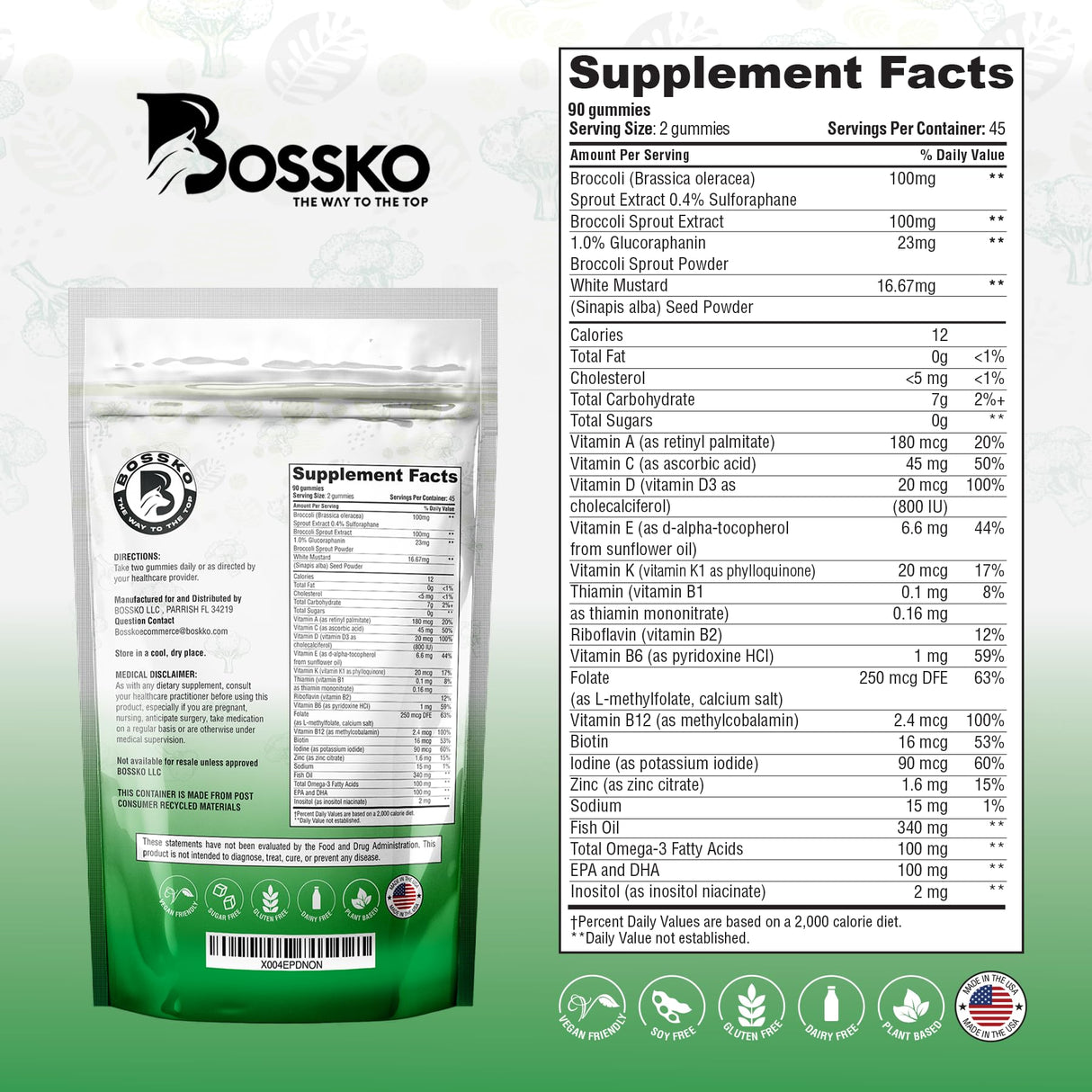 Bossko Sulforaphane Gummies with Omega-3 β Broccoli Sprout Extract, EPA/DHA & Antioxidants β Cellular Health & Mood Support β 90 Vegan Gummies β Mixed Berry Flavors β Sugar-Free