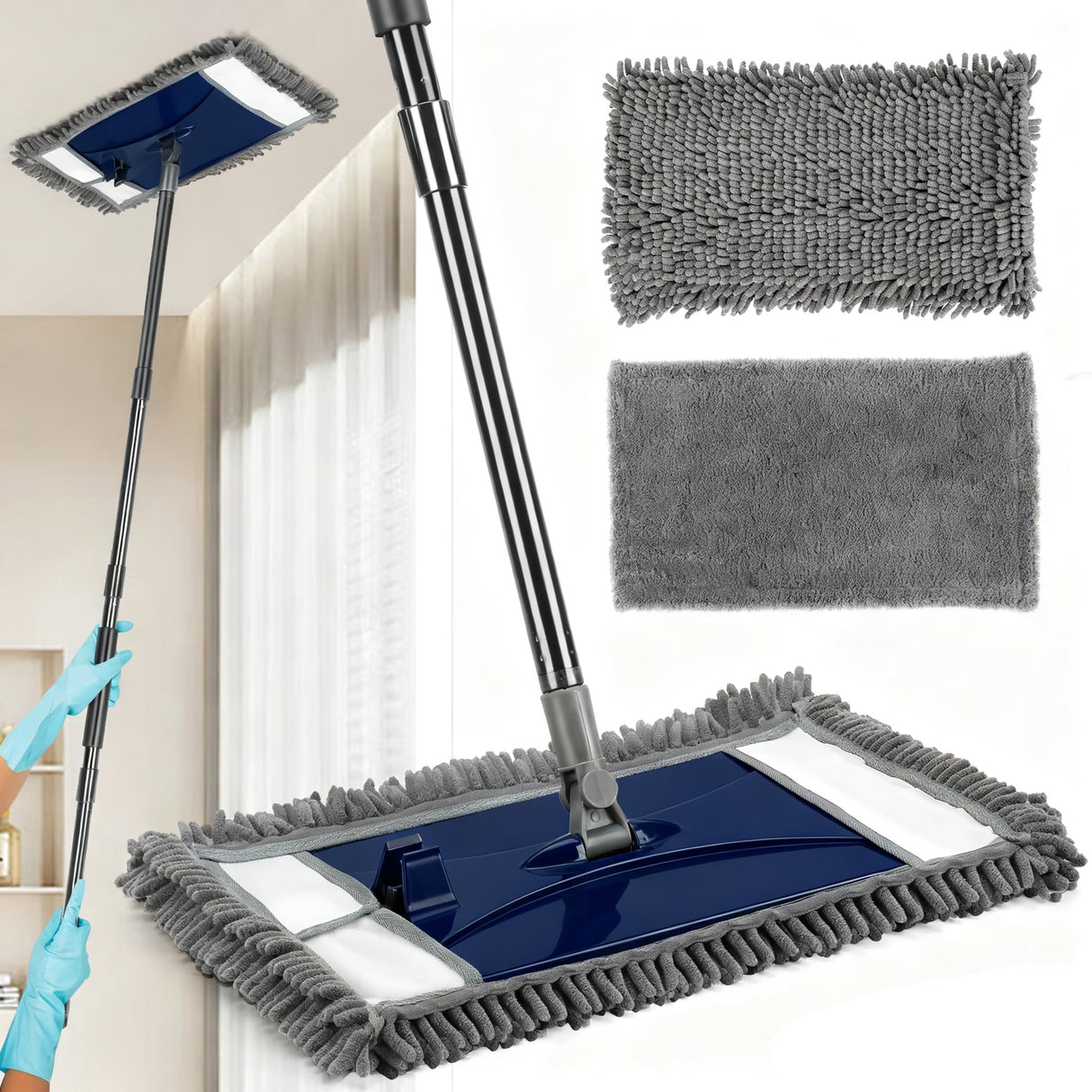 Wall Cleaner Mop with Long Handle, Extra Wall Dust Mop for Washing Walls with 2 Microfiber Reusable Pads,Floor Dry Wet Duster Mops for Wall Washer, Floor,Ceiling Cleaning,Blue