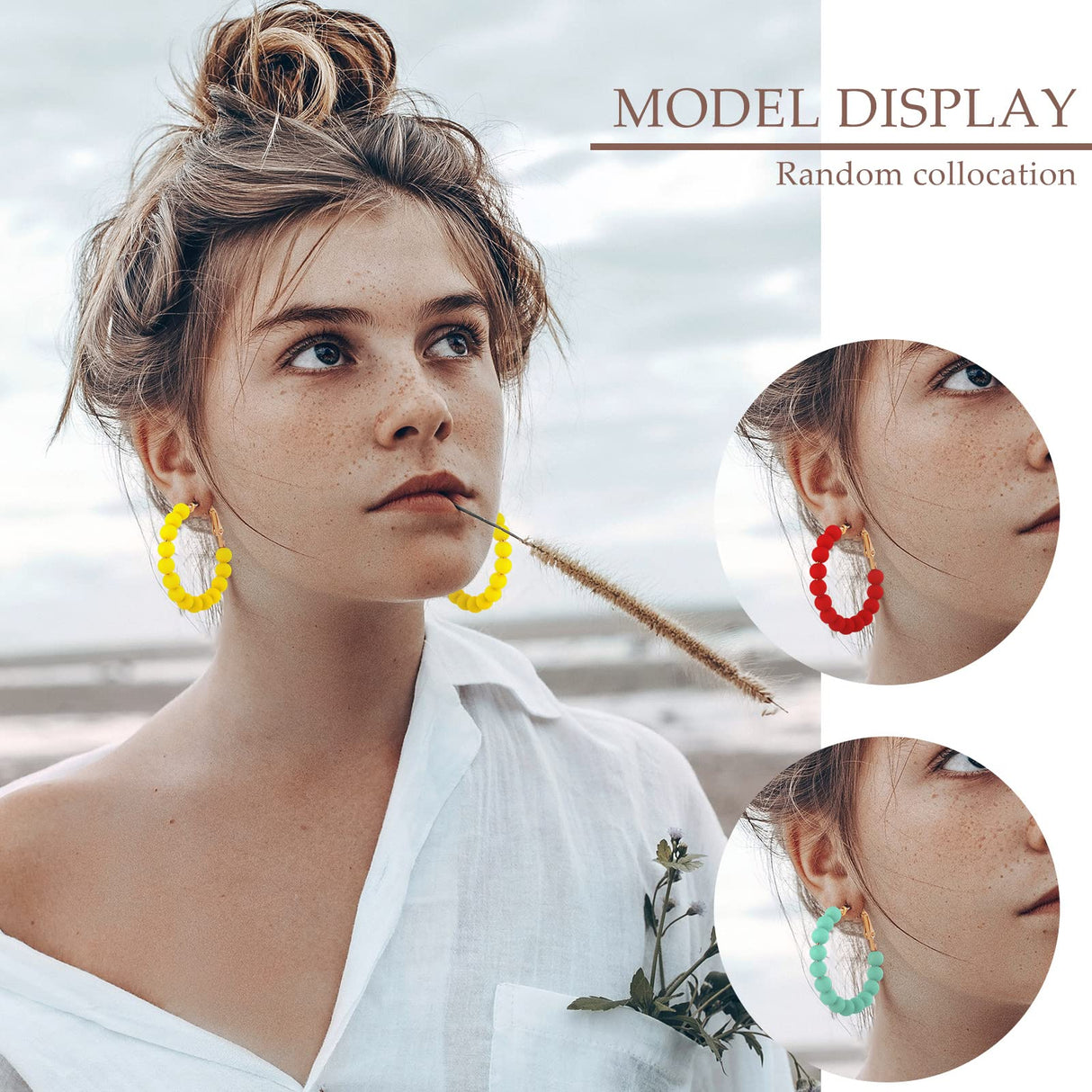 Sureio 16 Pairs Beaded Hoop Earrings Women Round Bead Earrings, 1.37 Inch