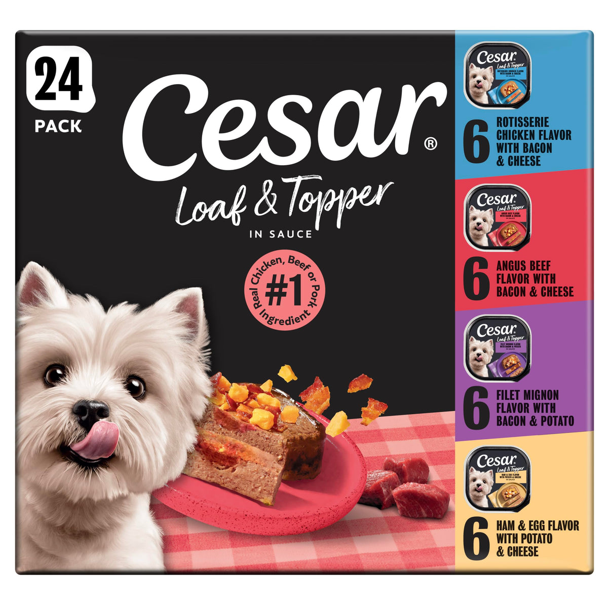 Cesar Loaf & Topper Wet Dog Food, Variety Pack, 3.5 oz, 24 Count