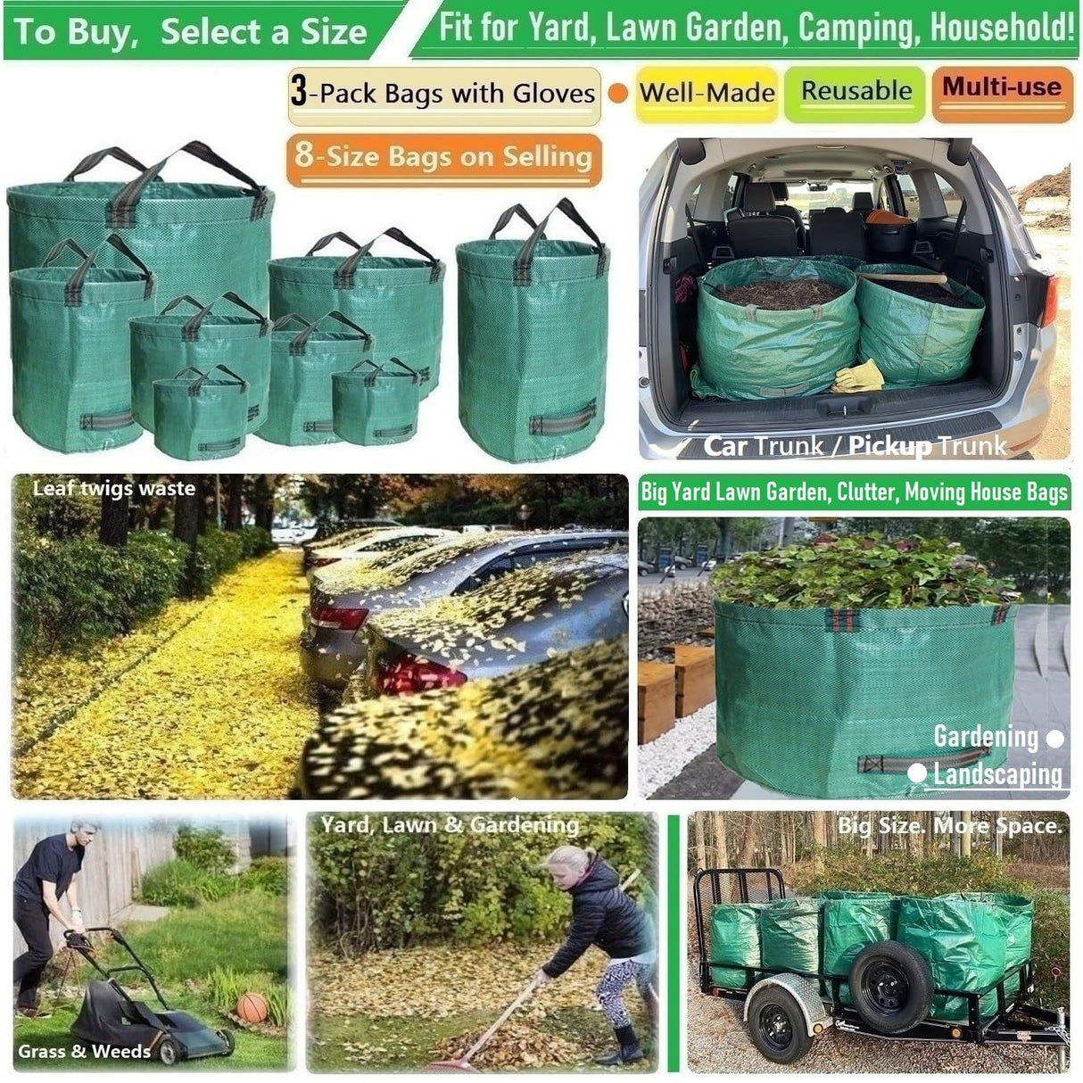 Professional 3-Pack 106 Gallon Large Lawn Garden Bags (D31,H31 inch) Reusable Yard Waste Bags with Gardening Gloves for Big Leaf Bag,Yard Debris,Garden Pruning,Lawn Clippings Bag,Weeds Bag 4 Handles