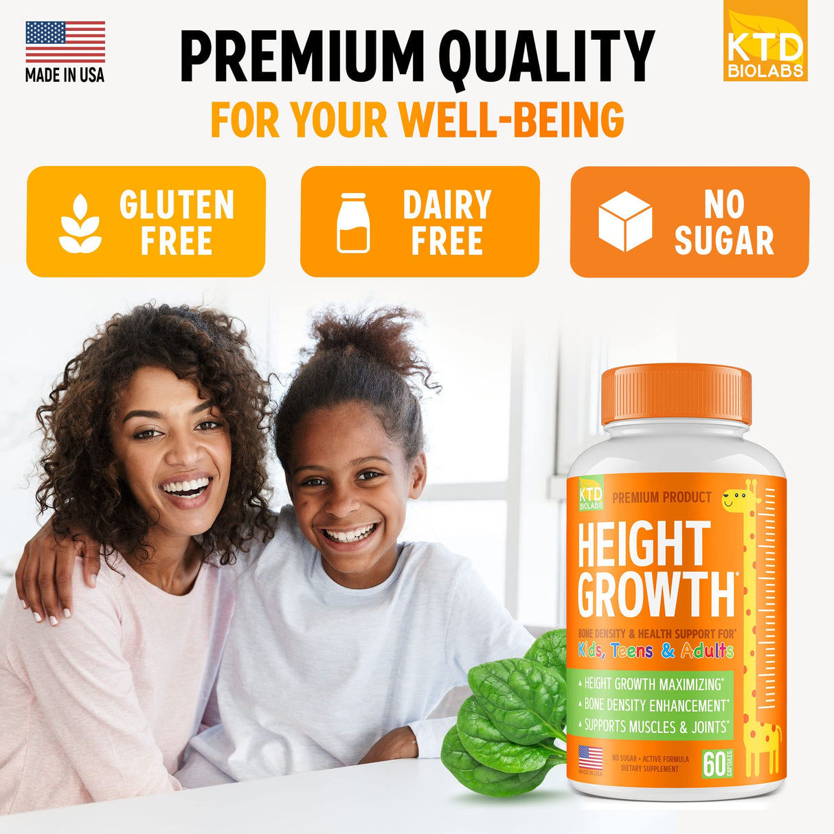 KTD BIOLABS Height Growth Maximizer - Made in USA - Natural Height Increase Booster & Teen Vitamins - Pills to Grow Taller at Any Age - Bone Growth Supplement for Adults & Kids