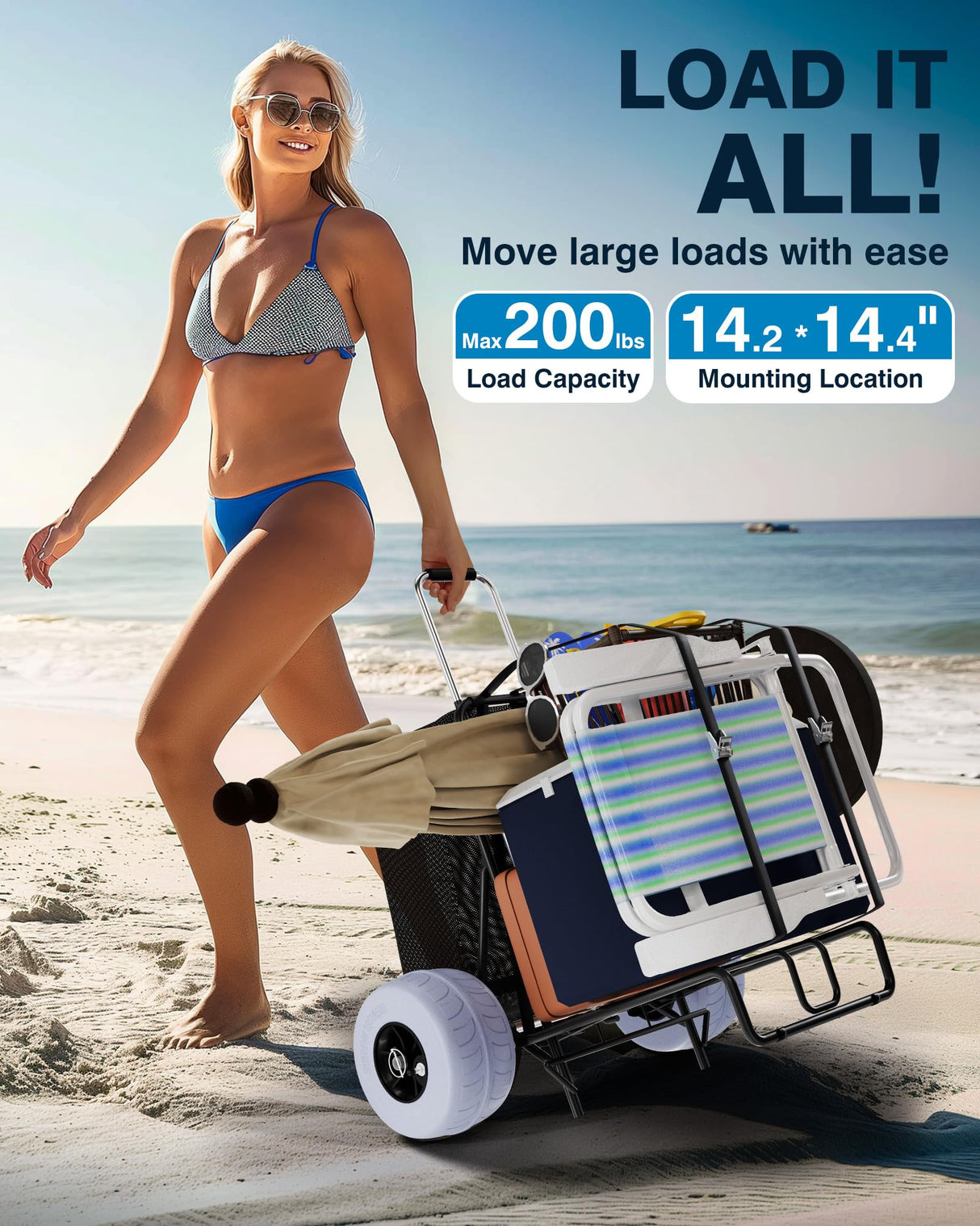 PYY Beach Cart for Sand - Foldable Wagon Dolly Buggy with Big Large Balloon Wheels, 200 LBS Capacity, 9" Rolling Tires, Collapsible Storage Bag for Outdoor Camping Shopping Fishing Gray