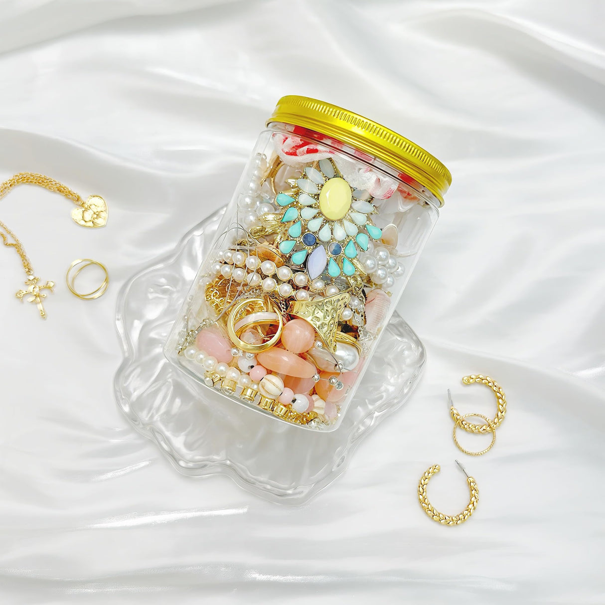 Swytaris 45-50 pcs Mystery Jewelry Jar, Mixed Surprise Jewelry Set for Woman Includes Necklaces, Earrings, Rings, Bracelets and Hair Accessories, Unique Anniversary Birthday Friendship Gift for Her