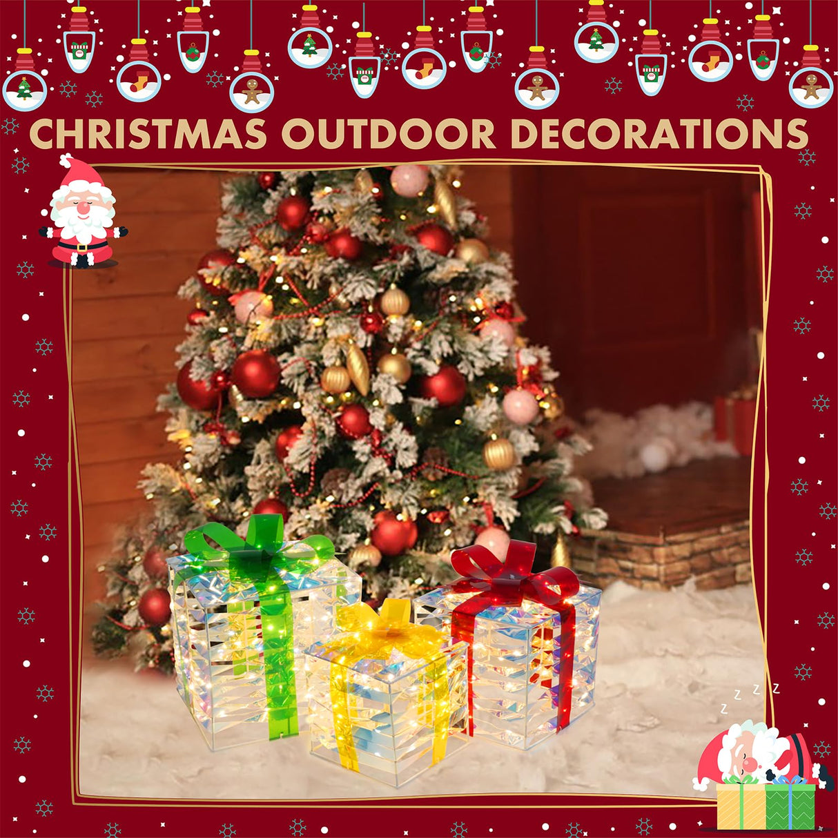 Set of 3 Christmas Lighted Gift Boxes with 140 LED Lights, Plug-in Holiday Decorations for Xmas Tree, Home, Indoor Outdoor Décor