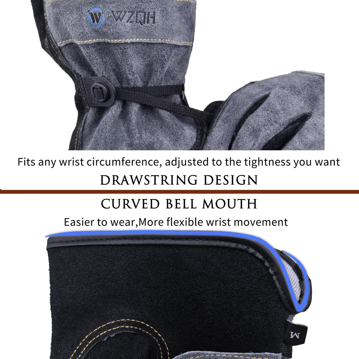WZQH Leather Work Gloves for Men or Women, Large Glove for Gardening, Tig/Mig Welding, Construction, Chainsaw, Farm, Ranch, etc. Cowhide, Soft Lining, Utility, Firm Grip, Durable. Grey-Black L