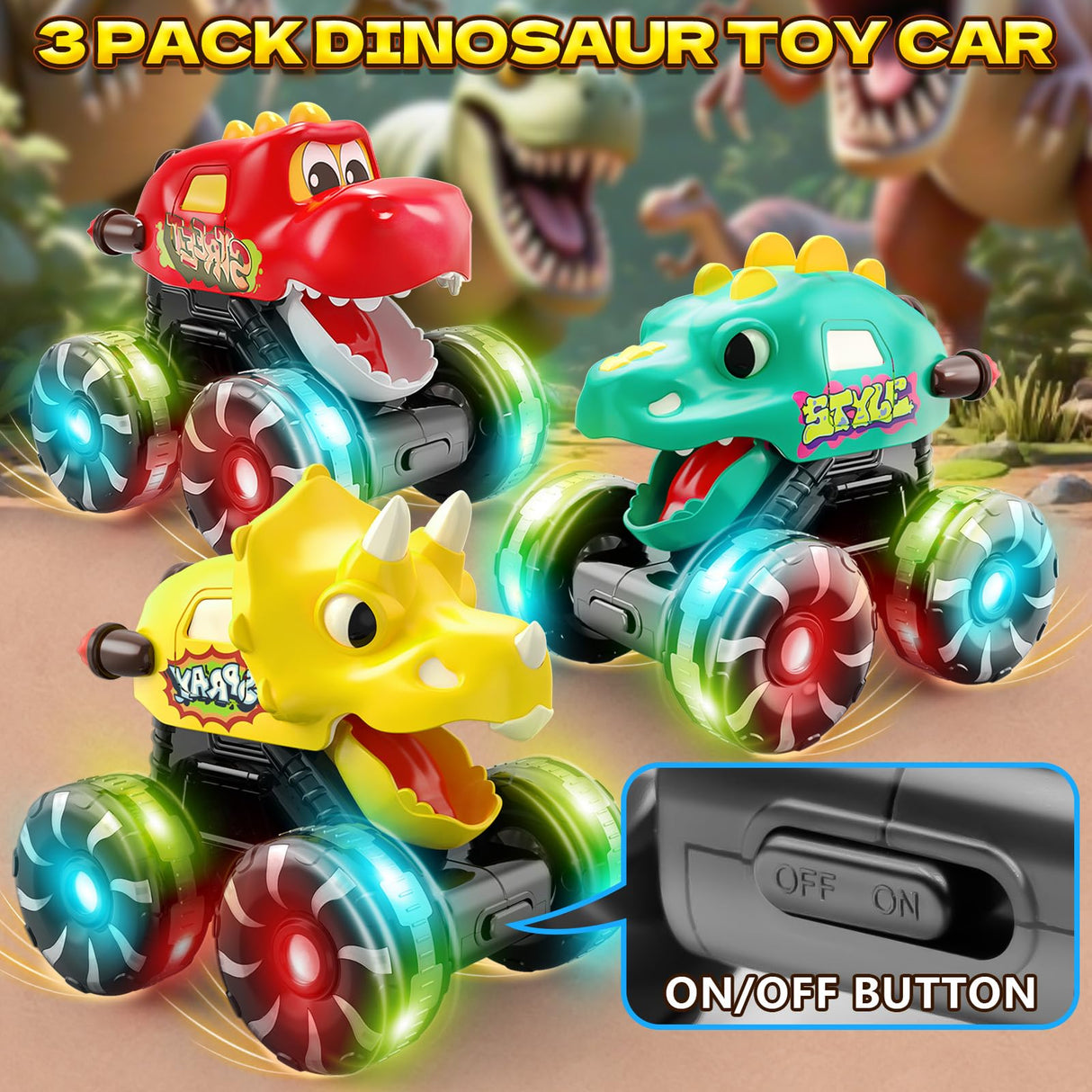 Intoypad 3 Pack Dinosaur Car Toys for Kids Toddlers, Light up Wheels Monster Truck Toys for Boys 2 3 4 5 6 7 8 Years Old Christmas Birthady Gifts Press & Go Dino Trucks Toy for Toddler Boy Baby