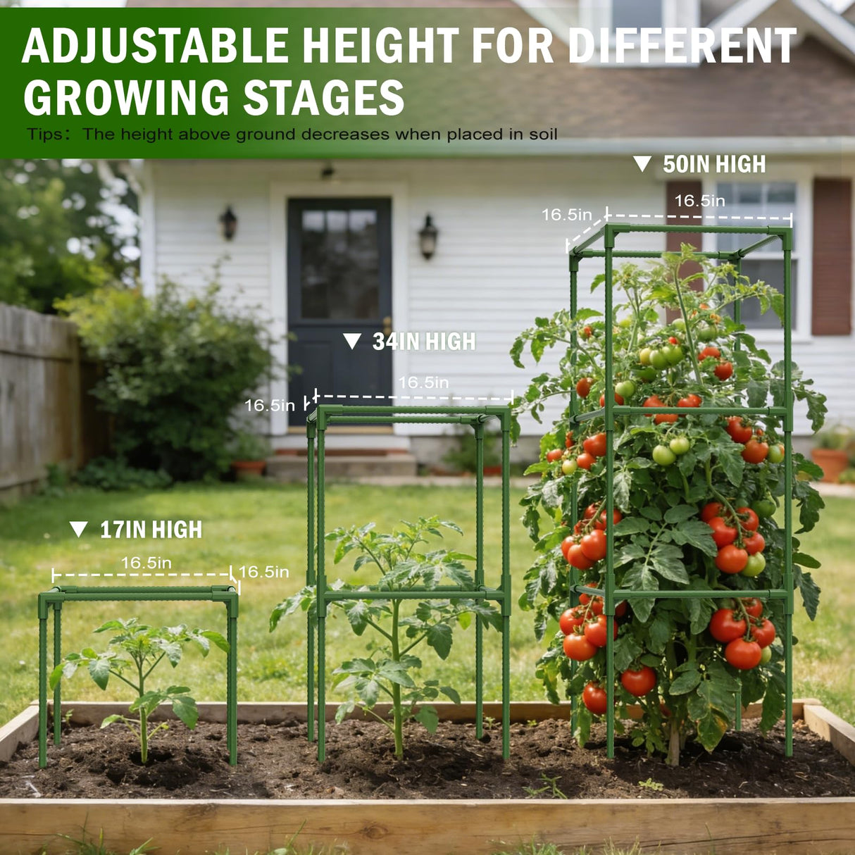 Uyittour 3 Pack Square Tomato Cages for Garden, 50" Heavy Duty Square Tomato Trellis Plant Support Cages for Raised Garden Bed Climbing Vegetables, Set with Garden Gloves, 20 Clips & 65FT Tie Wire