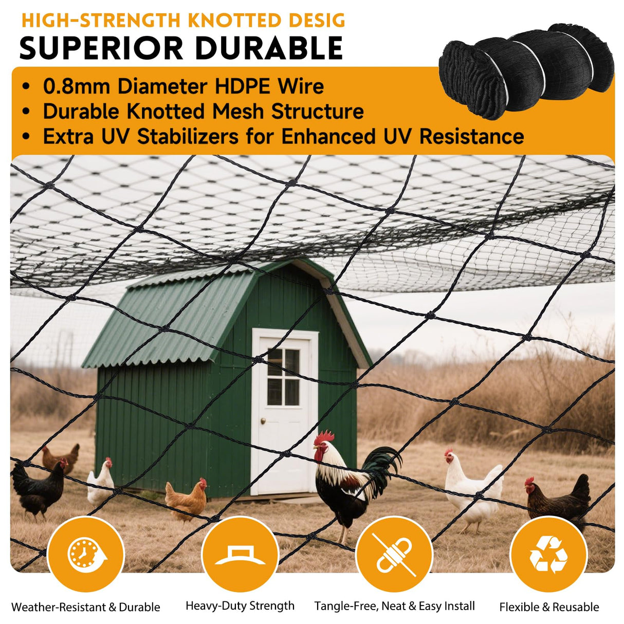 Heavy Duty Aviary Netting 25x50 ft, 1" Mesh Reinforced HDPE Poultry Netting, Anti-Tangle Bird Netting for Chicken Coop, Hawk Deterrent for Chickens, Garden & Crop Protection