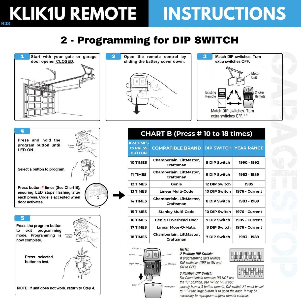 Universal Garage Door Opener Remote 2-Pack for LiftMaster Chamberlain Genie Linear, Replaces Clicker KLIK1U 375UT 375LM, 2-Button Garage Remote for 2 Doors/Gates, Learn Button & Dip Switch