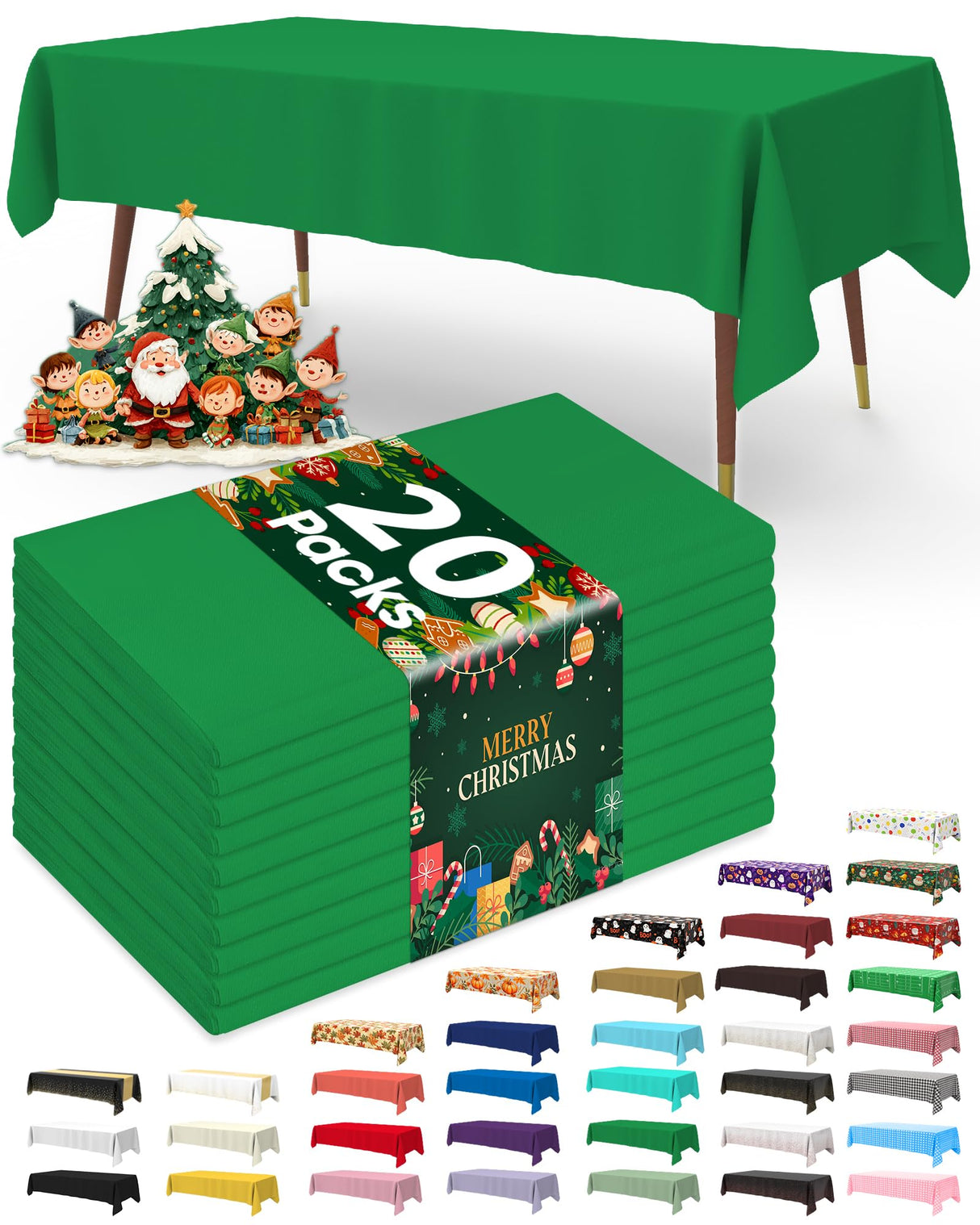 Pureegg Plastic Table Cloth Disposable 20 Pack, 54 x 108 Inch Table Cloths, St Patricks Day, Christmas Decorations, Tablecloths, Rectangle, Forest, Emerald, Plastic Cover, Leakproof & Sturdy, Green