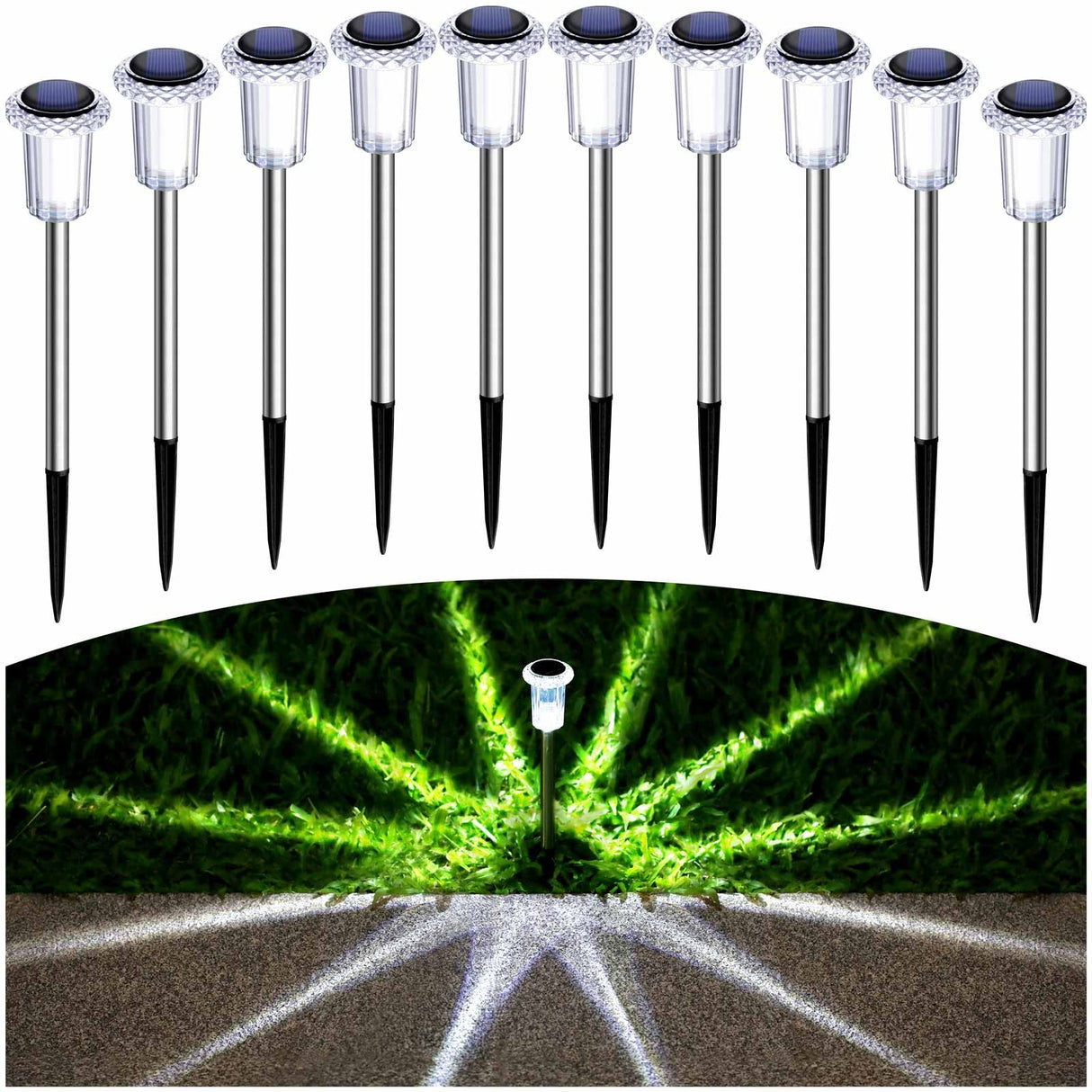 Gorrzai Solar Pathway Lights 10 Pack Christmas Solar Lights Outdoor Waterproof 6000K Cold White Yard Lighting, LED Stainless Steel Stake for Garden Outside Landscape Lawn Driveway Walkway Path