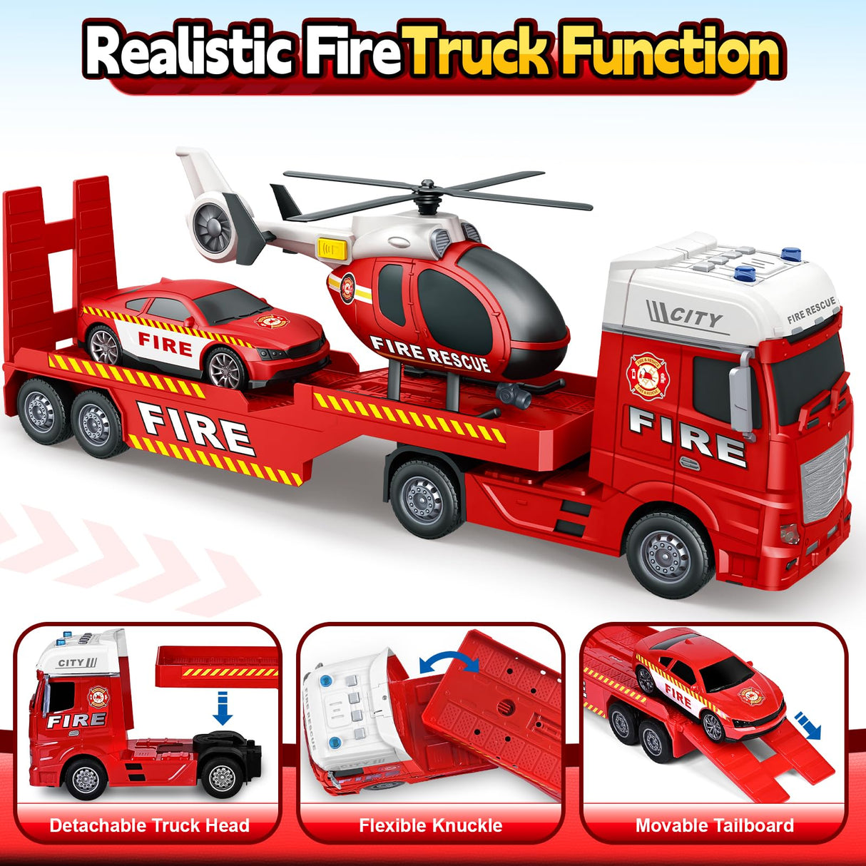 Kids Toys for 3 4 5 6 7 8 Years Old Boys, 25" Fire Truck Toy with Racing Car and Helicopter, Toddler Friction Powered Truck Vehicle Toy with Lights, Sounds for Boys Girls Christmas Birthday Gifts