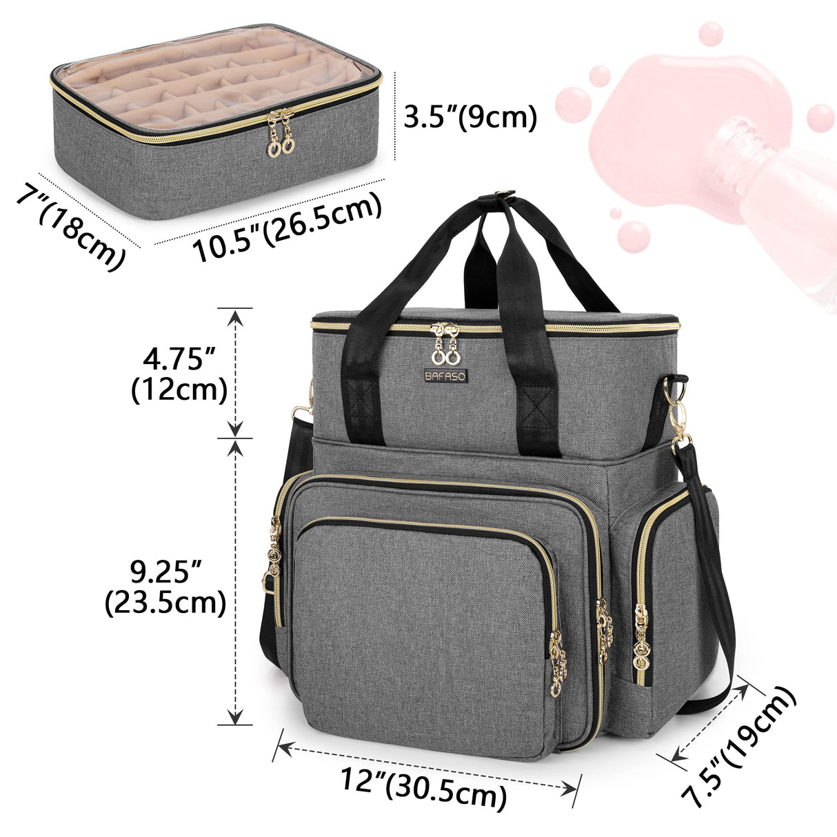 BAFASO Double Layer Nail Polish Organizer Holds 70 Bottles (15ml - 0.5 fl.oz) and a Nail Dryer, Nail Polish Case with 2 Removable Pouches and Tools Storage Sections (Patented), Gray