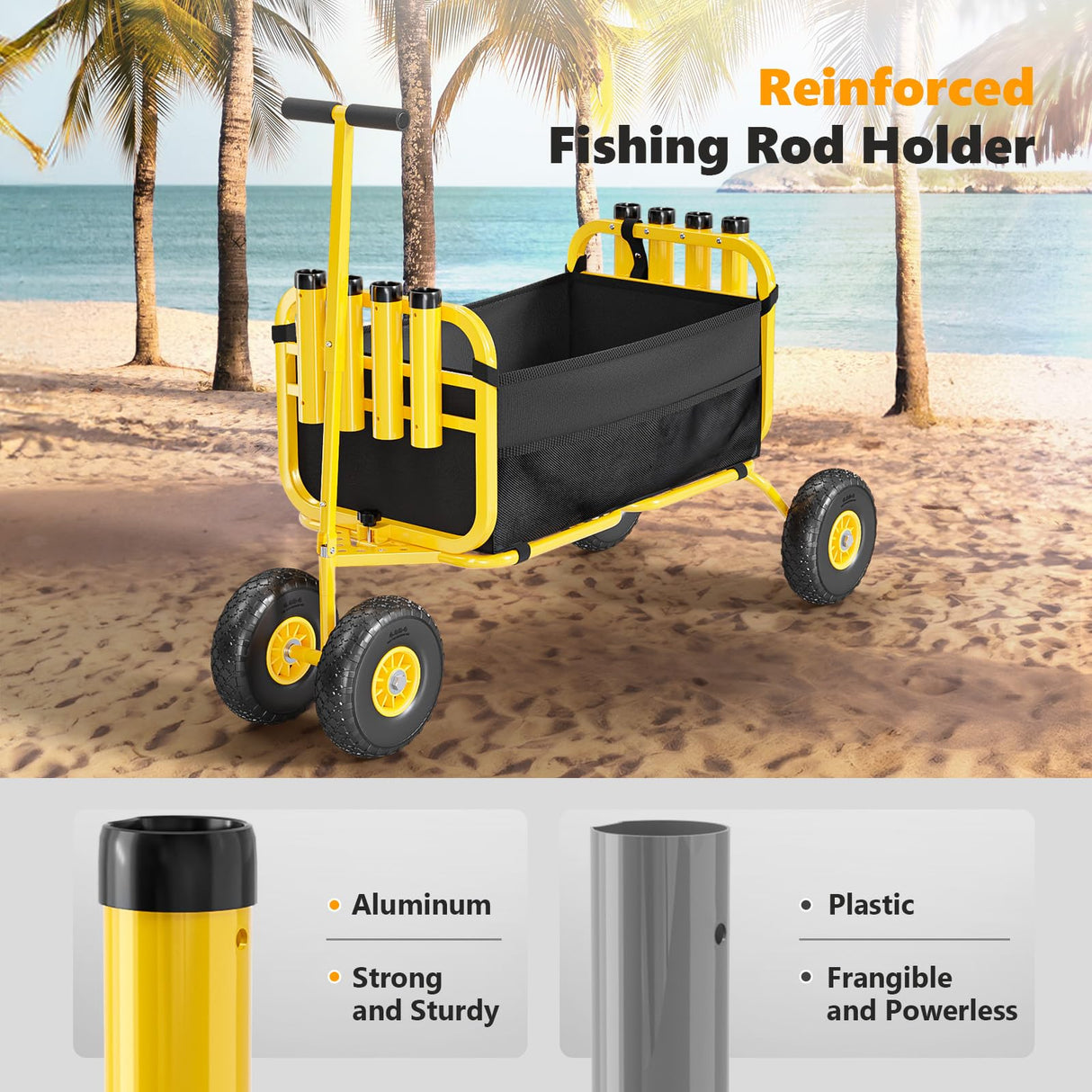 Bonnlo Beach Fishing Cart, Beach Wagon Trolley with 11" Big NO-Flat Airless Tires, Foldable Beachs Trailer with Large Cargo Basket, 550 lbs Load Capacity, 8 Fishing Rods Holder, Durable Oxford Bag