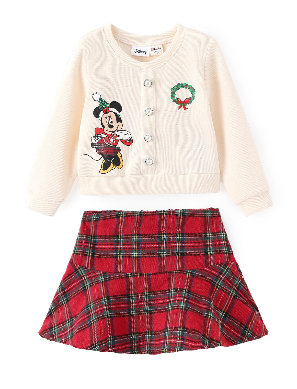 Disney Minnie Mouse Toddler Girl Christmas 2 Piece Outfit Long Sleeve Pearl Button Knit Top & Red Plaid Tweed Skirt Set Birthday Elegant Dress 2T
