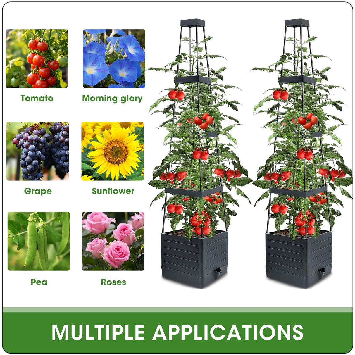 MQFORU 2 Packs Raised Garden Bed Tomato Planter with Trellis, 57" Tomato Cages for Climbing Vegetables Plant, Self Watering Planters Box for Garden Pots for Patio Greenhouse Indoor Outdoor(2PCS)