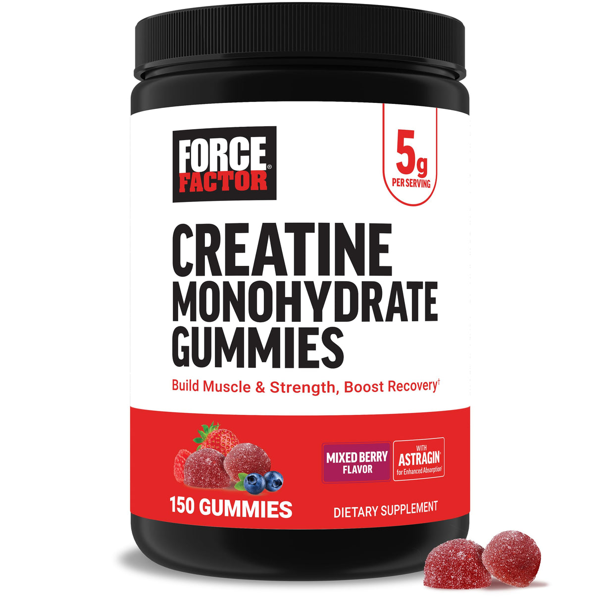 Force Factor Creatine Gummies, 5 Grams Creatine Monohydrate for Muscle Gain, More Strength, and Faster Recovery, Mixed Berry, 150 Gummies, 30 Servings