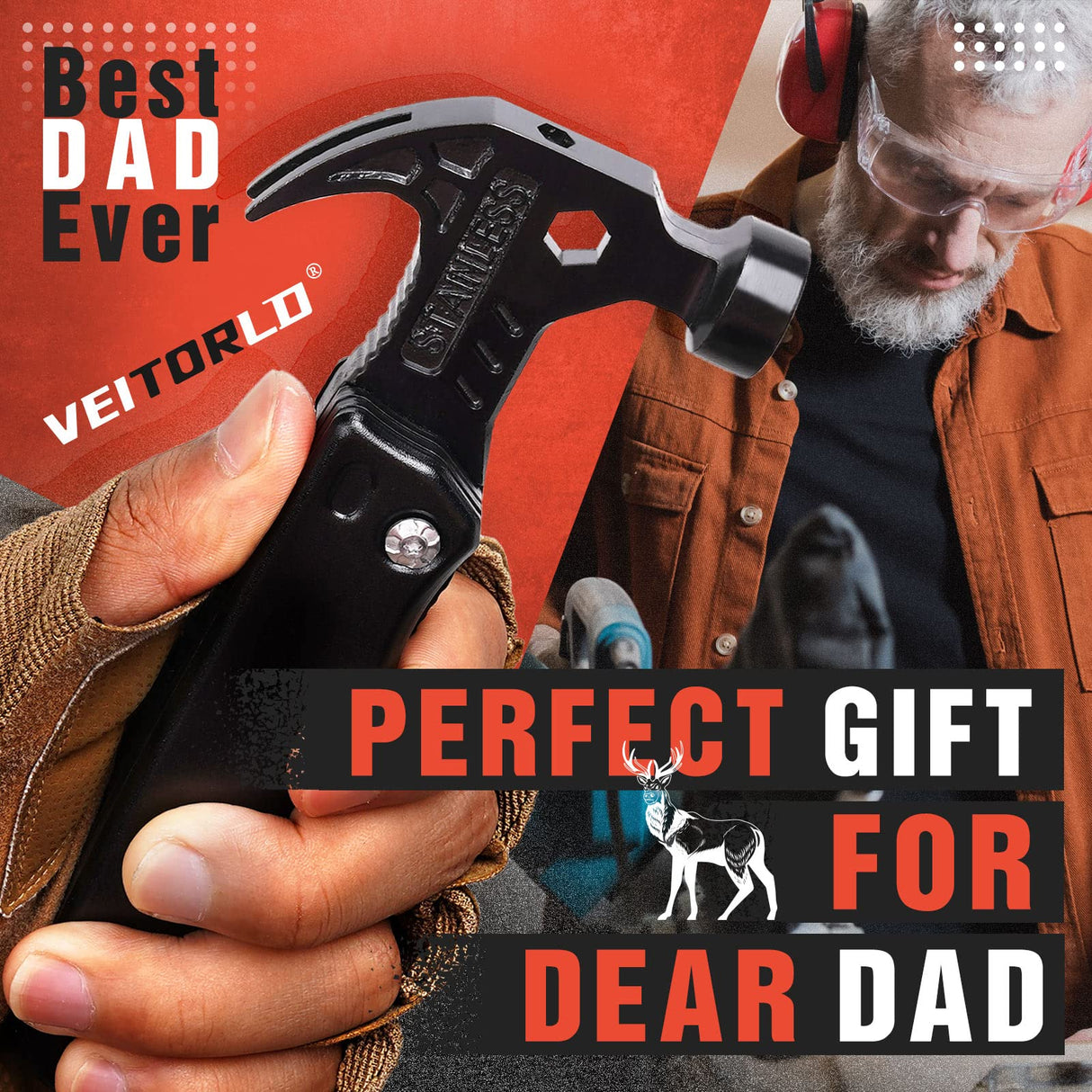 VEITORLD Gifts for Men Dad, Cool Fathers Day Birthday Gifts Ideas for Men Grandpa Papa from Daughter Wife Son, BEST DAD EVER Gift, All in One Survival Tools Hammer Multitool, Camping Hunting Presents