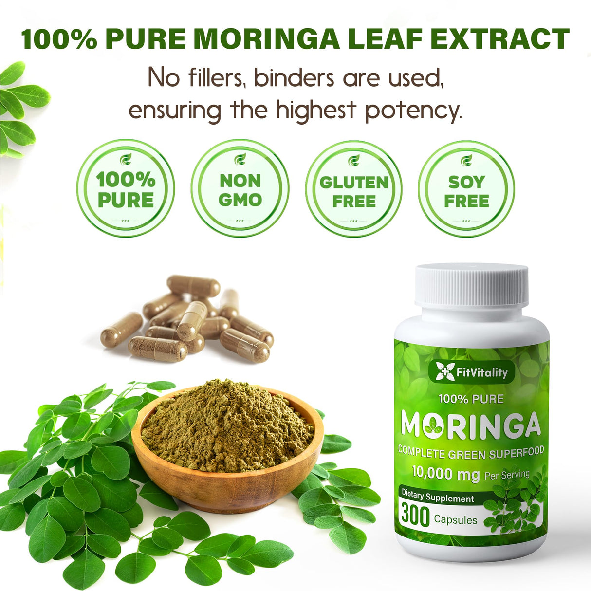 Moringa Capsules| 300 Capsules| Moringa Oleifera| 10,000mg| 100% Pure & Natural| Non-GMO and Gluten Free Supplement | Complete Green Superfood | Moringa Leaf Extract Powder