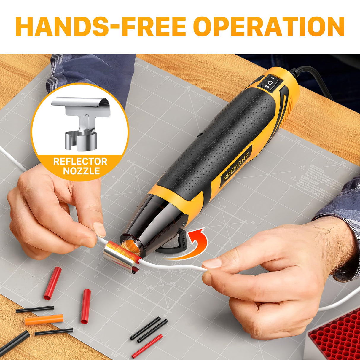 SEEKONE Mini Heat Gun, 350W 2-Temp Settings 500℉ & 842℉(260℃& 450℃) Fast Heat Hot Air Gun Tool with Reflector Nozzle and 4.9Ft Long Cable Overload Protection for Crafting, Vinyl Wrap and Shrink Tubing