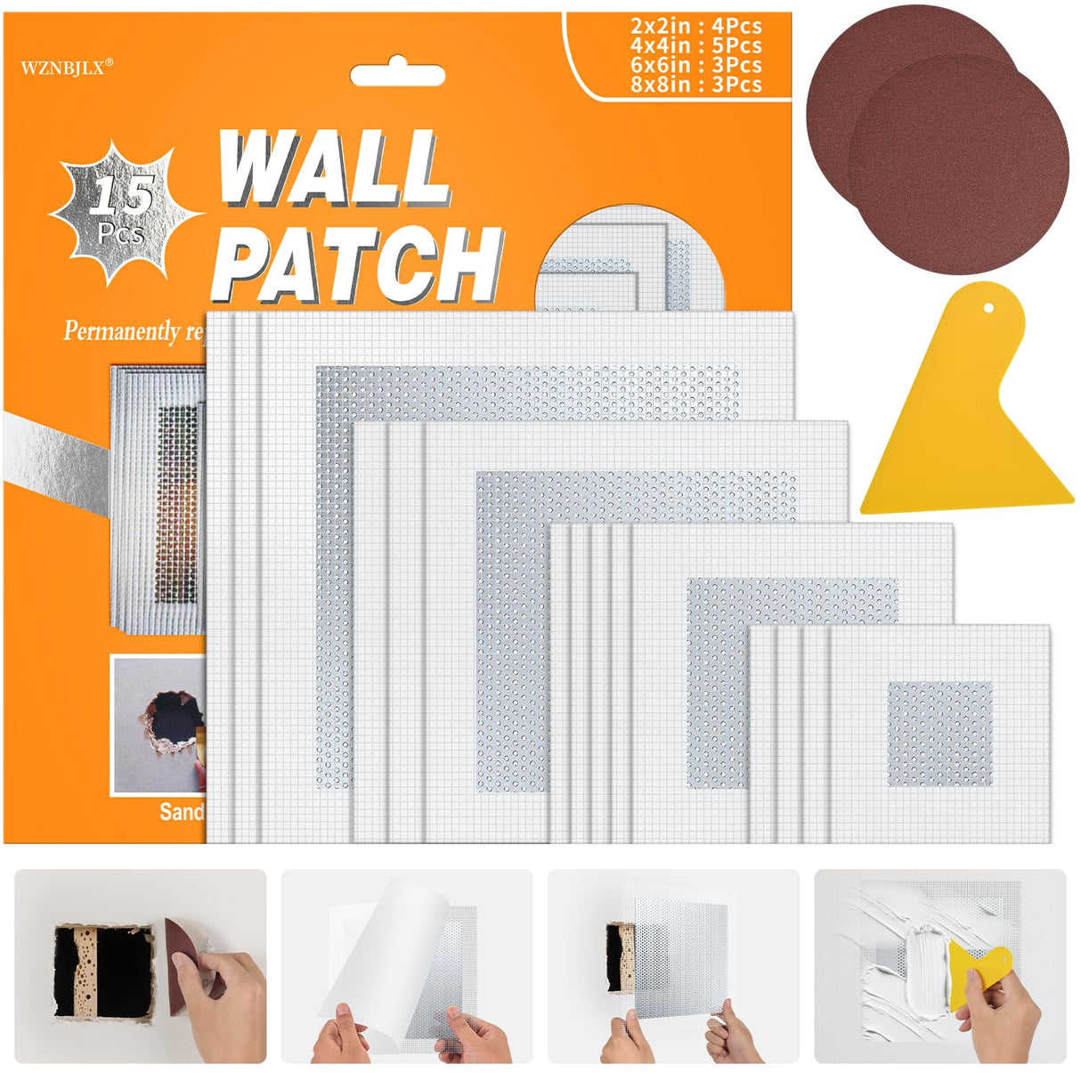 Wall Repair Patch Kit, 15 Pieces Aluminum Self-Adhesive Mesh Repair Patches for Drywall, Multiple Large Small Sizes 2/4/6/8 Inch Drywall Hole Repair Kit, Permanently Repairs Damaged Walls and Ceilings