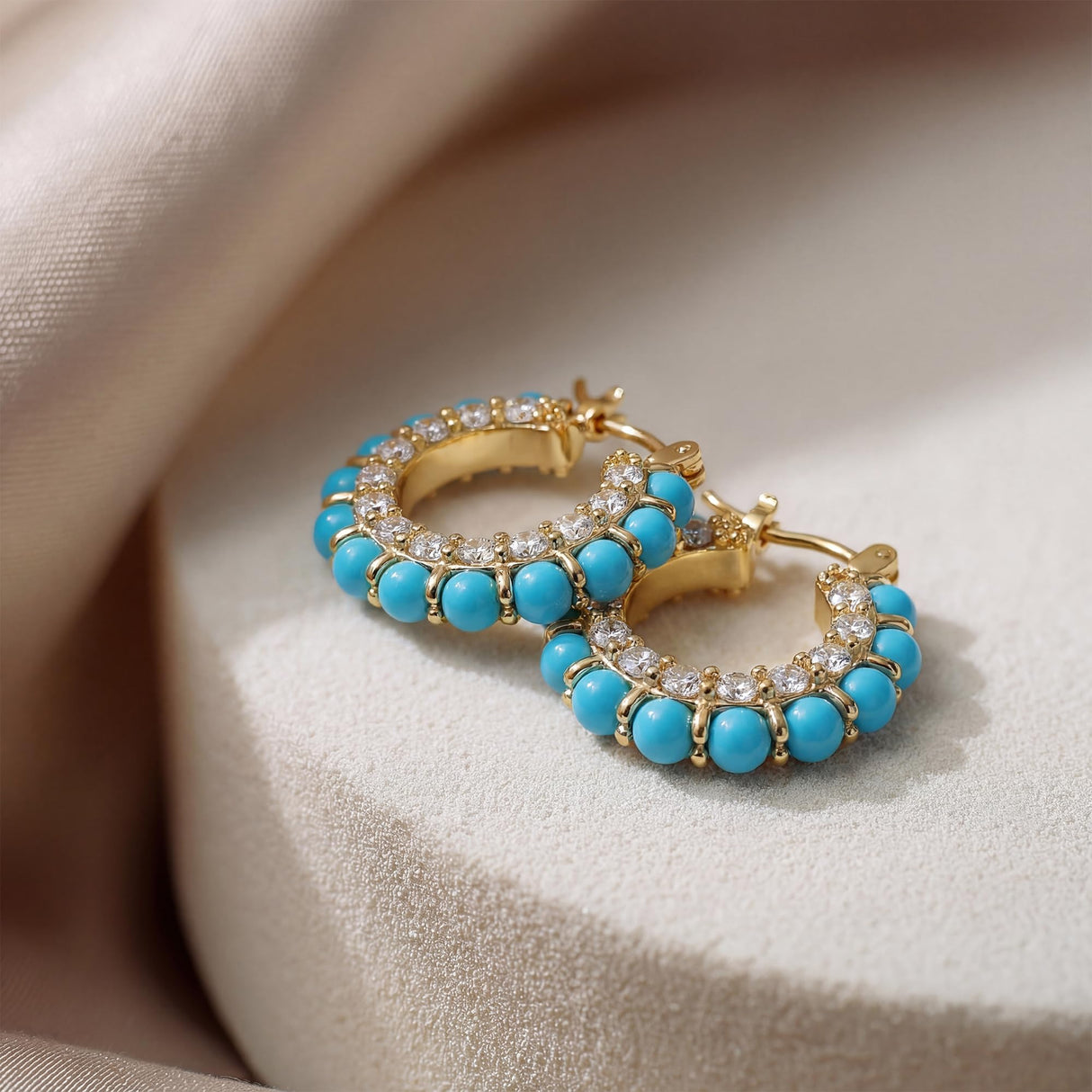 MYEARS Turquoise Hoop Earrings 14K Gold Plated Blue Beaded Cubic Zirconia Earrings Boho Summer Hypoallergenic Everyday Jewelry