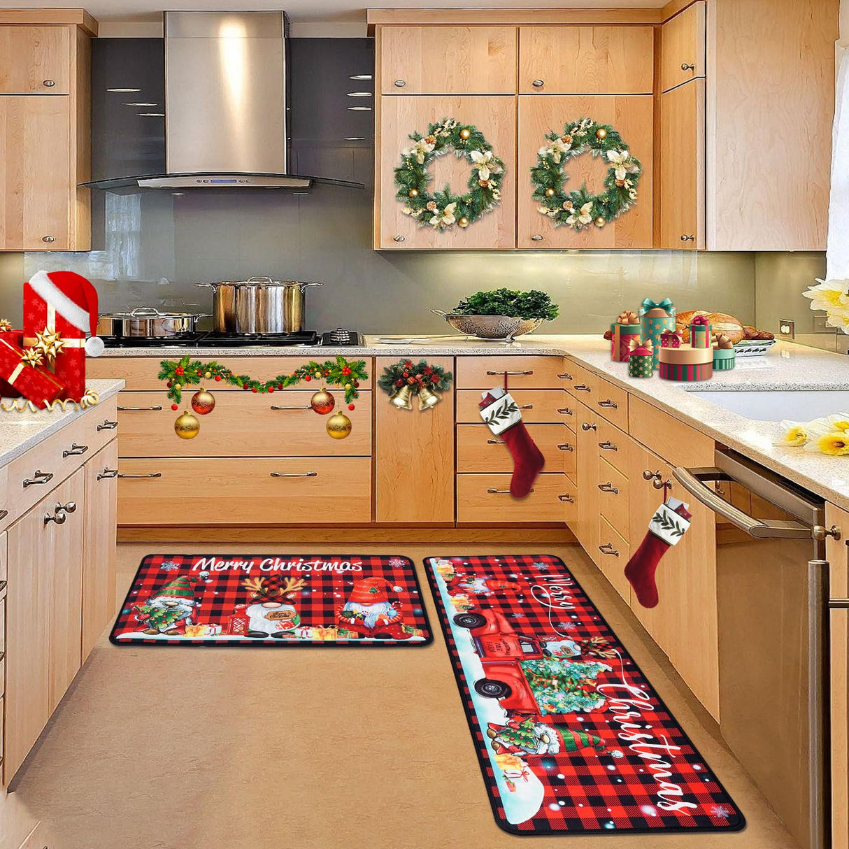 Christmas Kitchen Mats, Merry Christmas Kitchen Rugs Set of 2 - Red Black Buffalo Plaid Christmas Kitchen Decor - Gnome Truck Xmas Decorations for Floor,Bathroom,Living Room,Doorway 17"x30"+17"x47"