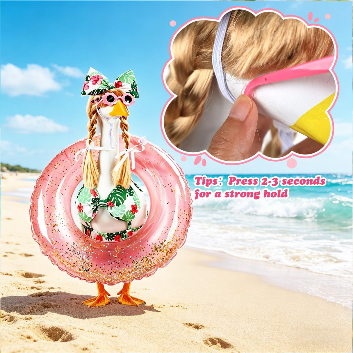 GJL Porch Goose Bikini Outfits with Inflatable Pool Ring, Sunglasses & Wig, Hawaiian Costume for 23 Inch Plastic Cement Goose Statue, Summer Porch Goose Outfit for Pool Party Yard Lawn Garden Decor