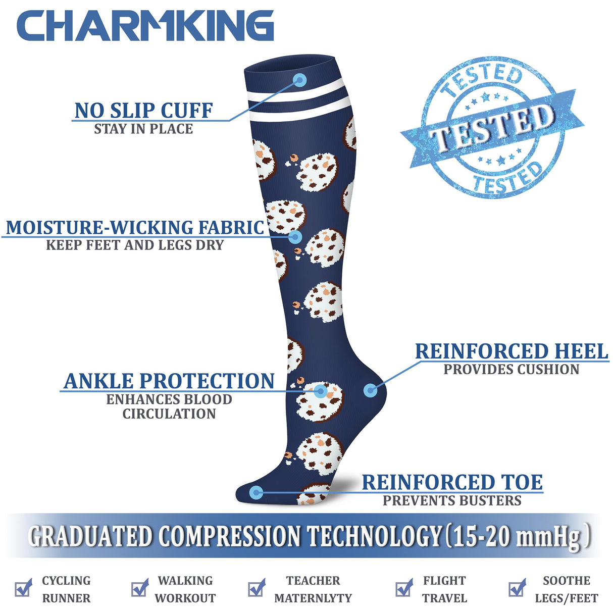 CHARMKING Compression Socks for Women & Men (8 Pairs) 15-20 mmHg Graduated Copper Support Socks are Best for Pregnant, Nurses - Boost Performance, Circulation, Knee High & Wide Calf (L/XL, Multi 54)