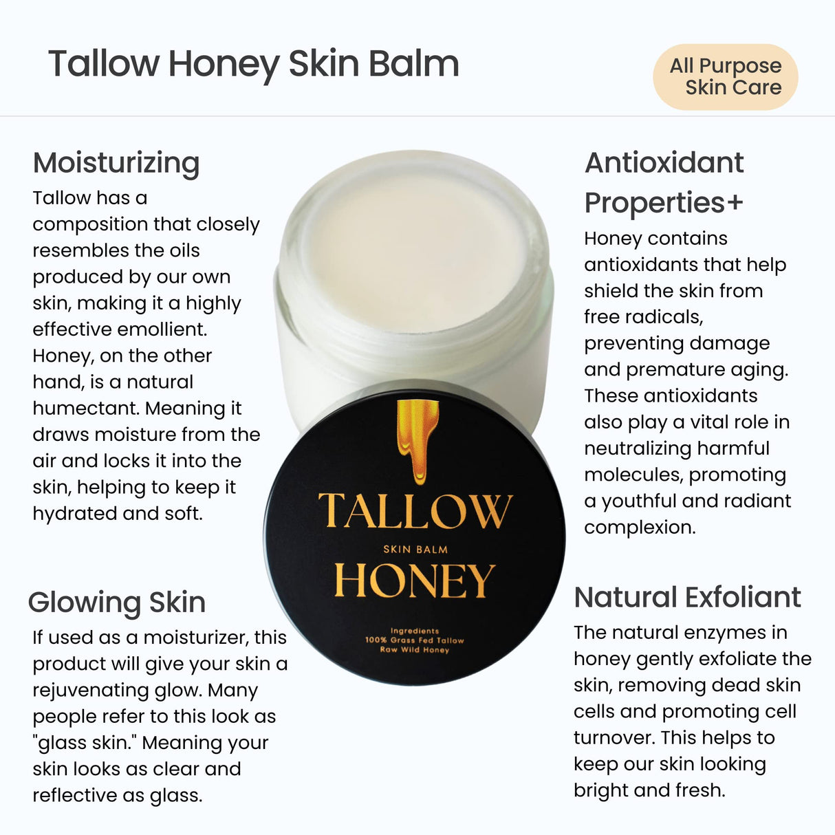 3 Pack Tallow Honey Moisturizer | Only 2 Ingredients: 100% Grass-Fed Tallow + Raw Wild Honey | Handmade in USA | Unscented Face & Body Balm – 2 oz