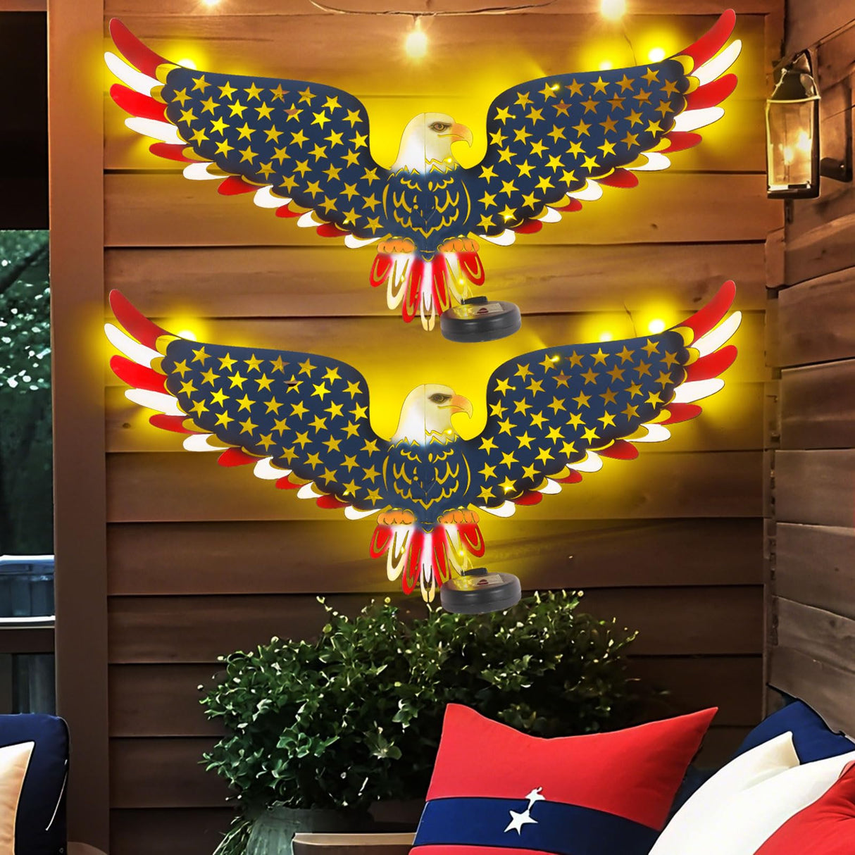 2 Pack 23" American Eagle Metal Wall Art with Solar Lights Outdoor 4th of July Decorations Outdoor | Led Patriotic Sculpture with American Flag | Solar Powered Independence Day Decor for Yard & Porch