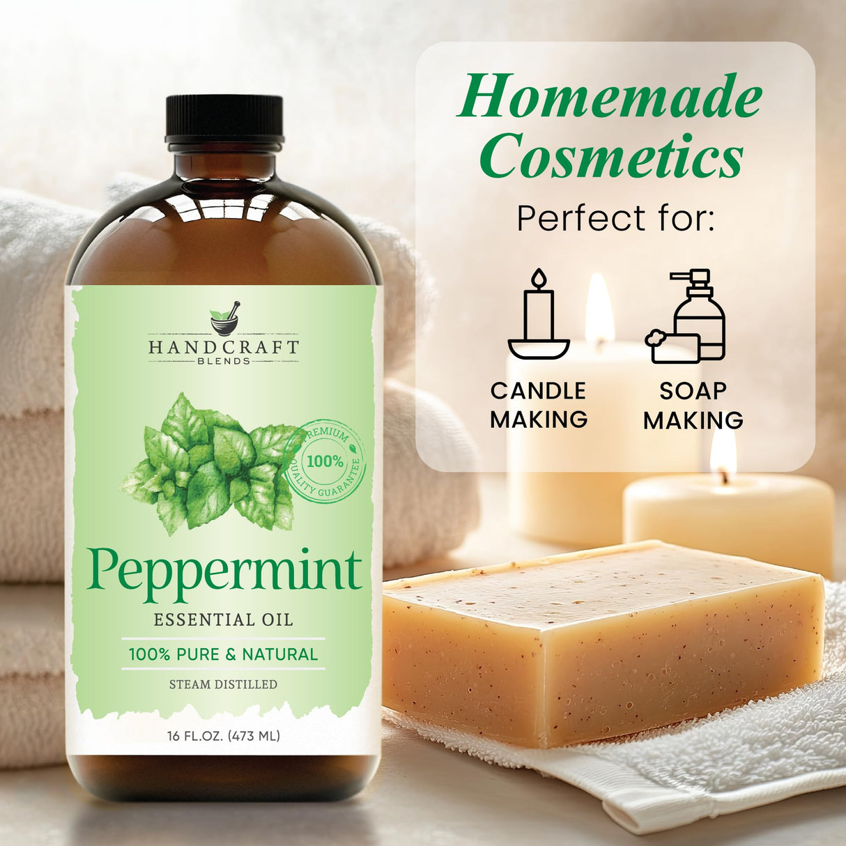 Handcraft Blends Peppermint Essential Oil in Glass Bottle - Huge 16 Fl Oz - 100% Pure and Natural - Premium Grade Essential Oil for Diffuser and Aromatherapy, and DIY Soap Making
