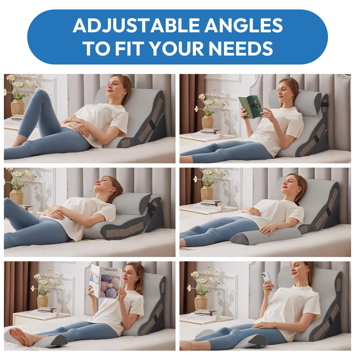 Ahpmeoa 3PCS Orthopedic Bed Wedge Pillow Set for Sleeping, Sitting up in Bed, 6-in-1 Foam Wedge Pillow for Acid Reflux & Back Pain Relief & Leg Elevation, Post Surgery Pillows for GERD & Snoring, Grey