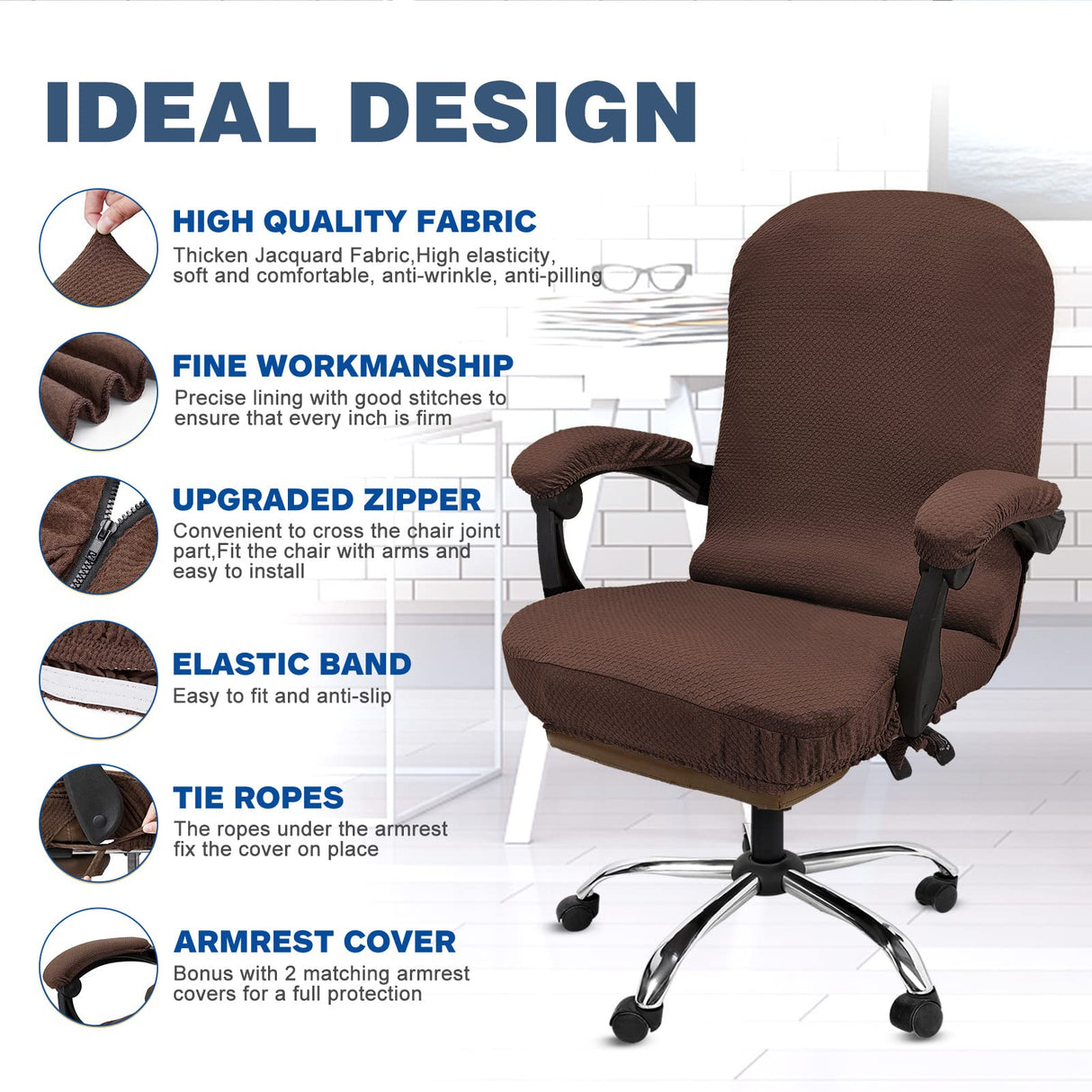 NeColorLife Office Chair Cover with Armrest Covers Stretchable - Zippered High Back Seat Cover for Extra Large Executive Desk Chairs, Big Tall Man(X-Large Size, Coffee)