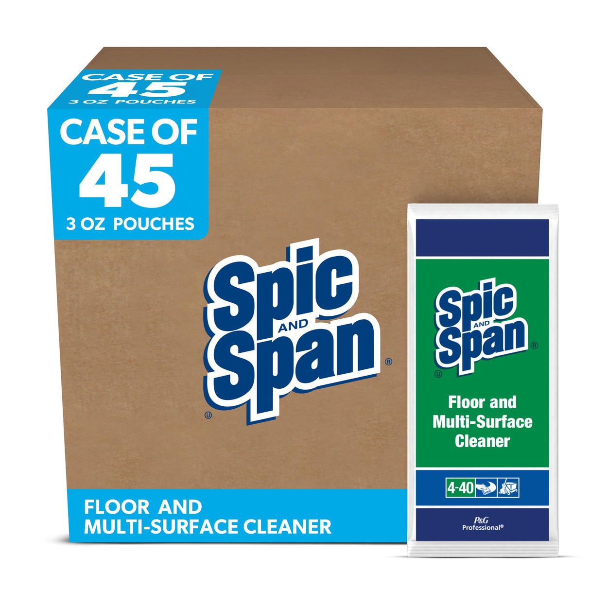 Spic and Span Professional Bulk Floor and Multi-Surface Concentrate Cleaner for Commercial Use, 1 Packet Makes 4 Gallons, 3 oz. Packet (Case of 45)