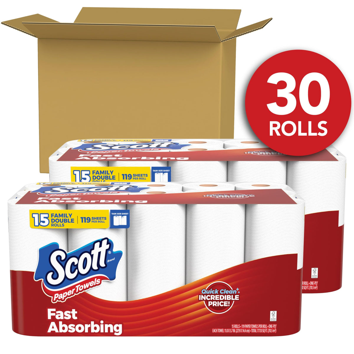 Scott Paper Towels, Task Size, 30 Family Double Rolls, 119 Sheets Per Roll
