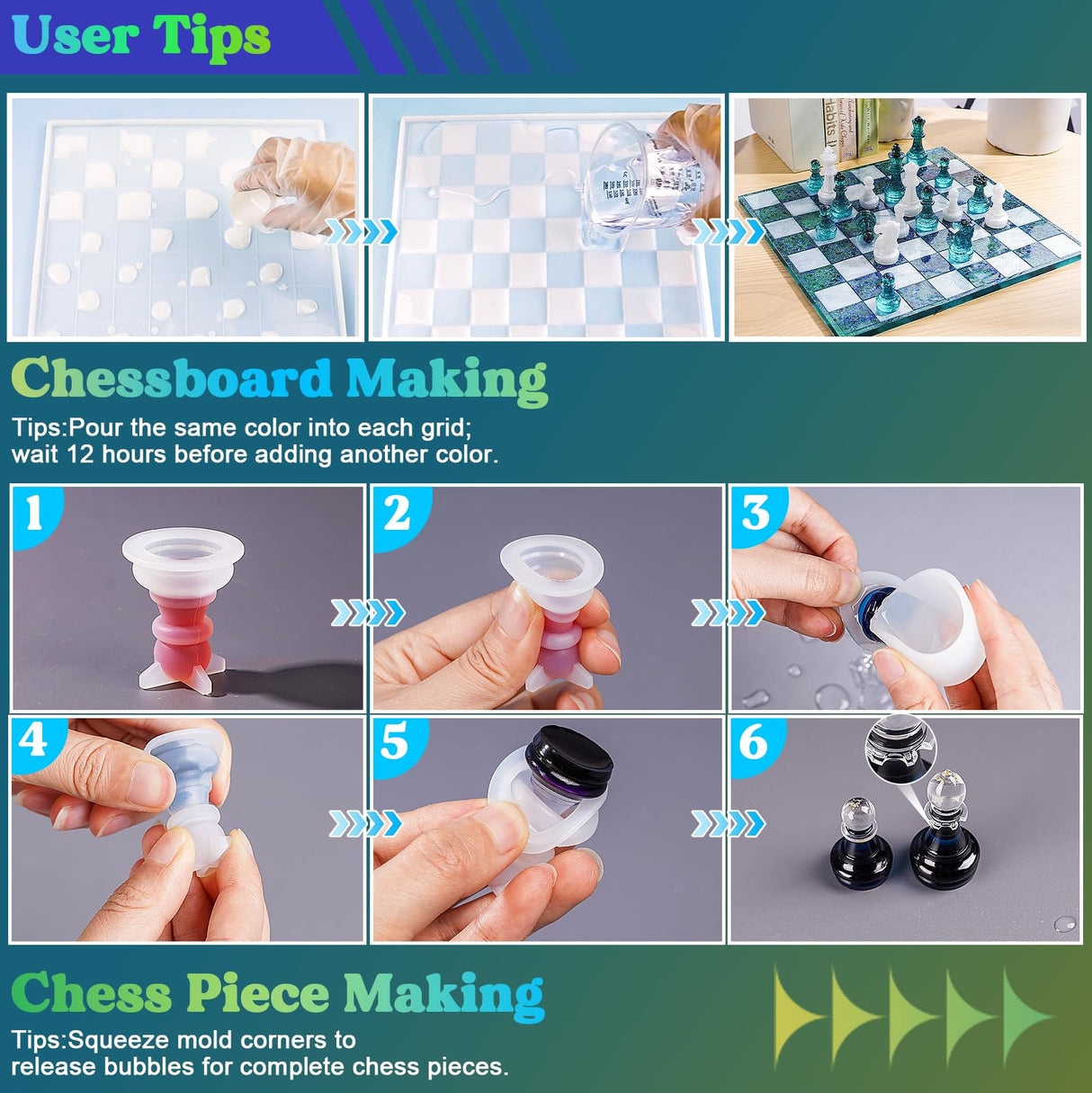 LET'S RESIN Chess Molds for Resin Casting, Upgraded Resin Chess Set Mold with 16 Piece 3D Full Size Chess Checkers & Chess Board Epoxy Silicone Resin Molds, DIY Chess Board Game, Christmas Gifts