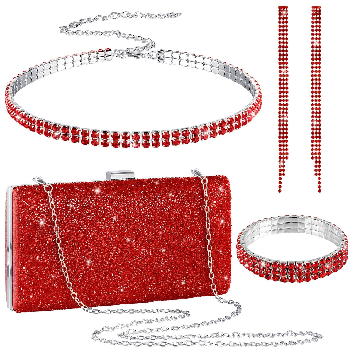 Kigeli 4 Pcs Women Rhinestone Clutch Purse Bling Jewelry Set,Red
