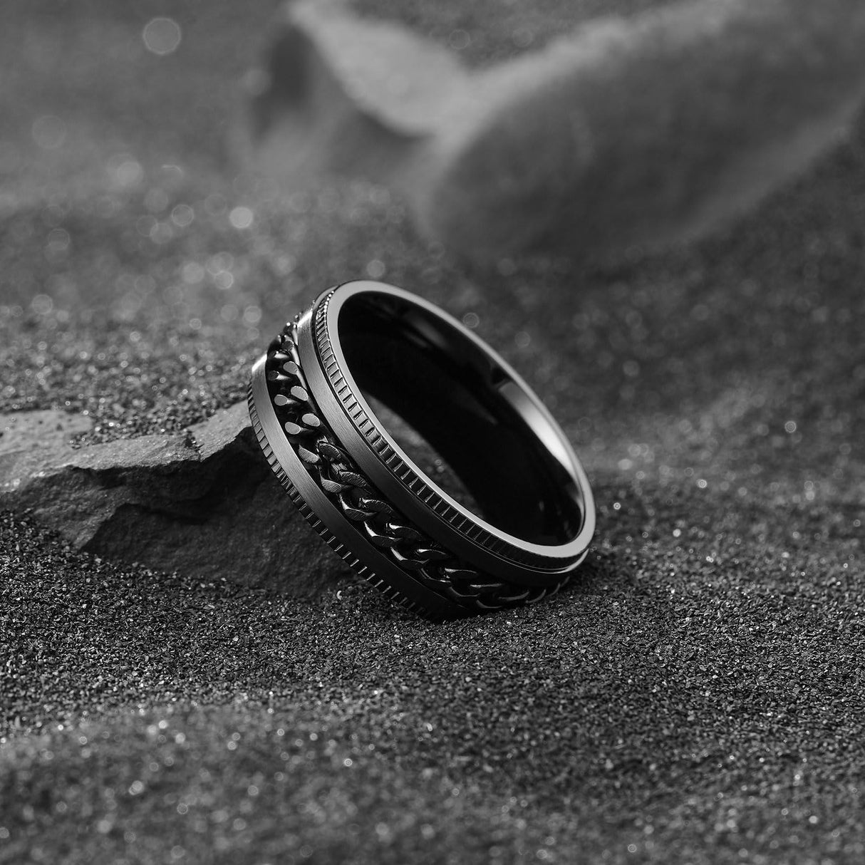 King Will Stainless Steel Fidget Ring 8mm Step Black Chain Spin Size 10