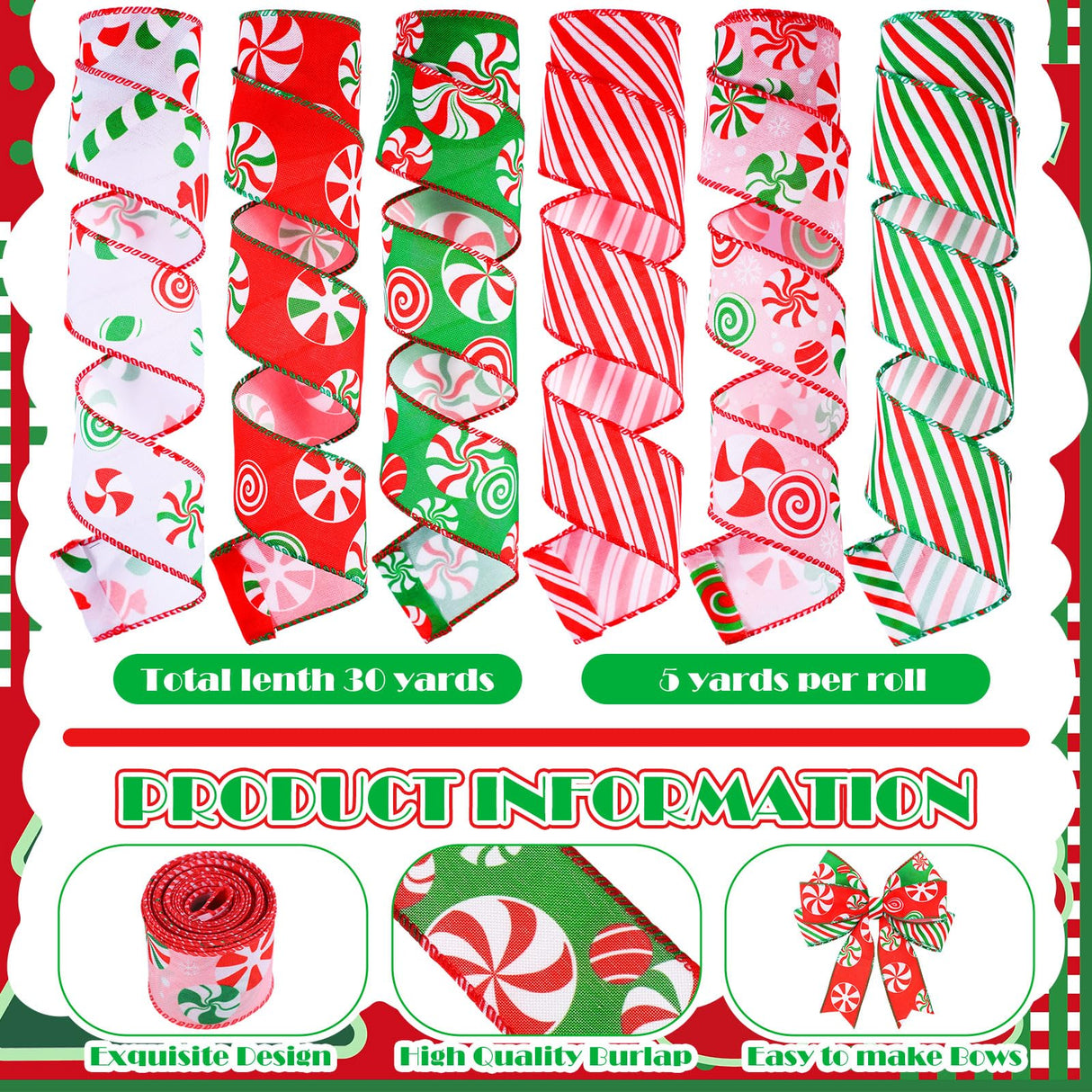 Yuefunny 10 Pcs Christmas Ribbon Including 4 Rolls Mesh Ribbon 6 Rolls Xmas Candy Peppermint Wired Edge Wreath Metallic Wrapping Crafts for Xmas Party Home Decorative DIY Craft