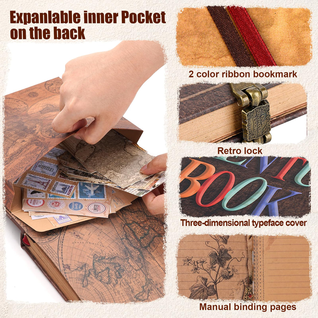 Adventure Book Scrapbook Photo Album,Retro Style Embossed Letter Cover Travel Diary Journal Scrap Book Kit For Couples,Memory Book For Anniversary Wedding,Christmas