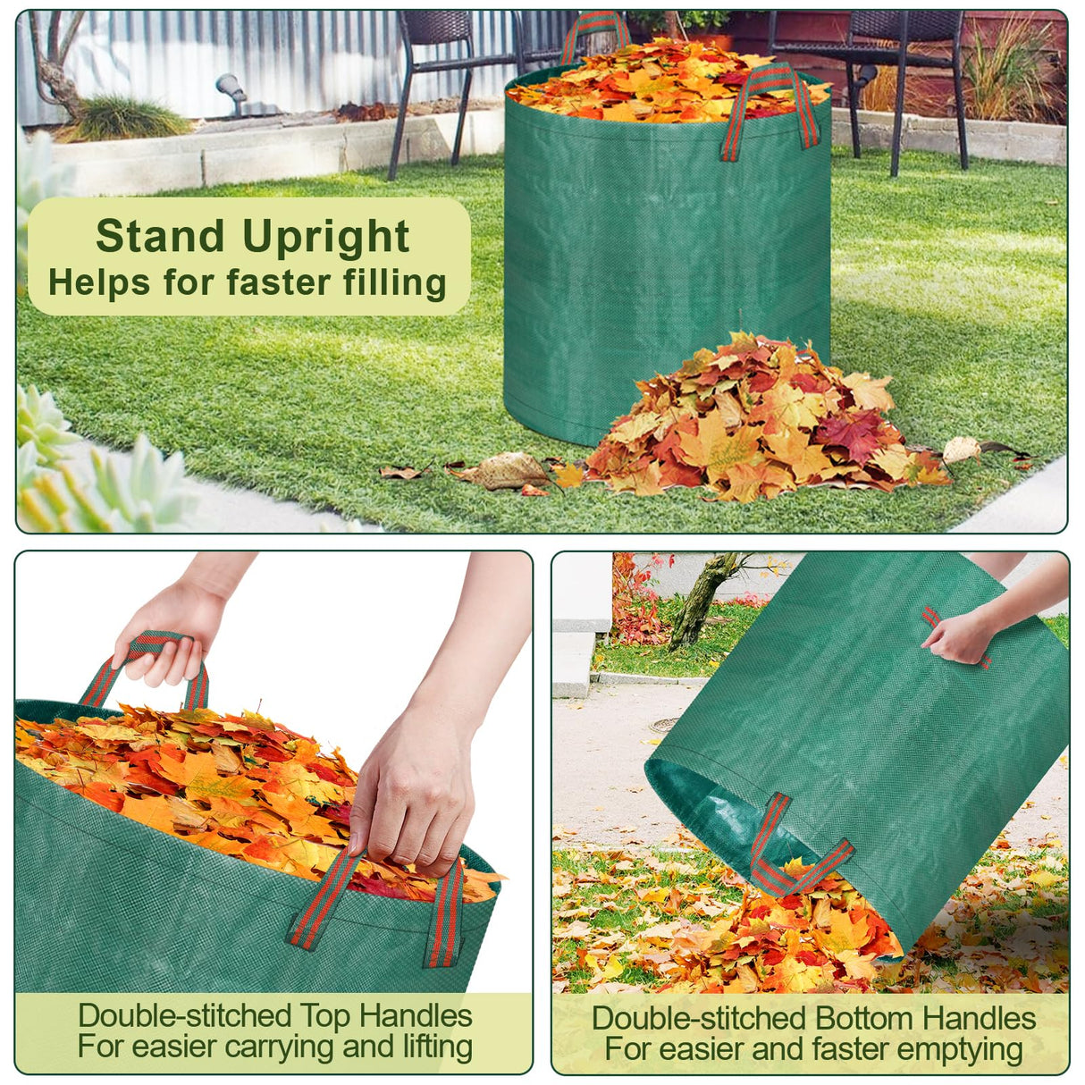 Remiawy Reusable Yard Waste Bags, 3 Packs 72 Gallons Lawn and Leaf Garden Bags with Reinforced Carry Handles Heavy Duty Garden Waste Bags Camping Yard Recycling Trash Bags for Debris Leaves Grass