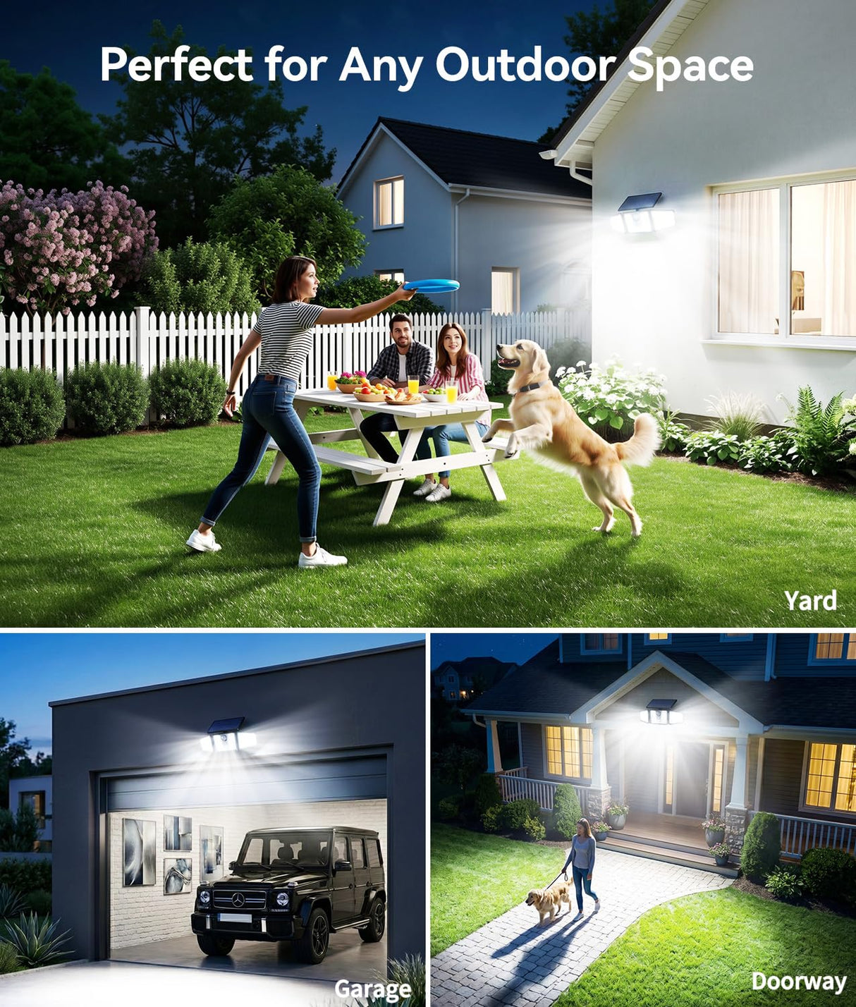 KOOPER Solar Flood Lights, 210 LED Motion Sensor Outdoor Lights, Solar Motion Lights Outdoor Waterproof, 3 Heads 300° Wide Angle Outdoor Security Lights for Yard Patio Garage Entryways, 2 Pack, Black